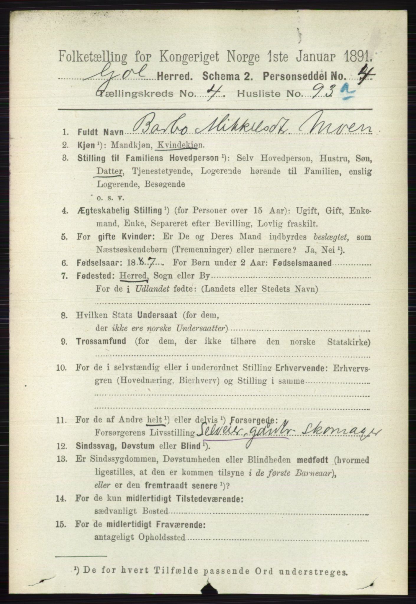 RA, 1891 census for 0617 Gol og Hemsedal, 1891, p. 2279