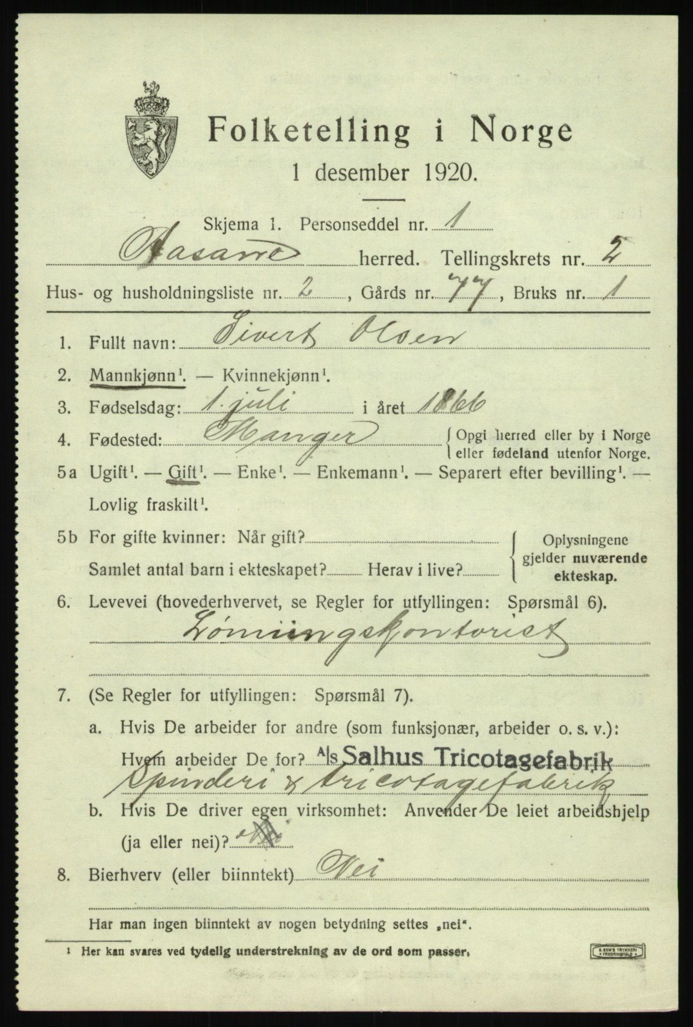 SAB, 1920 census for Åsane, 1920, p. 1239