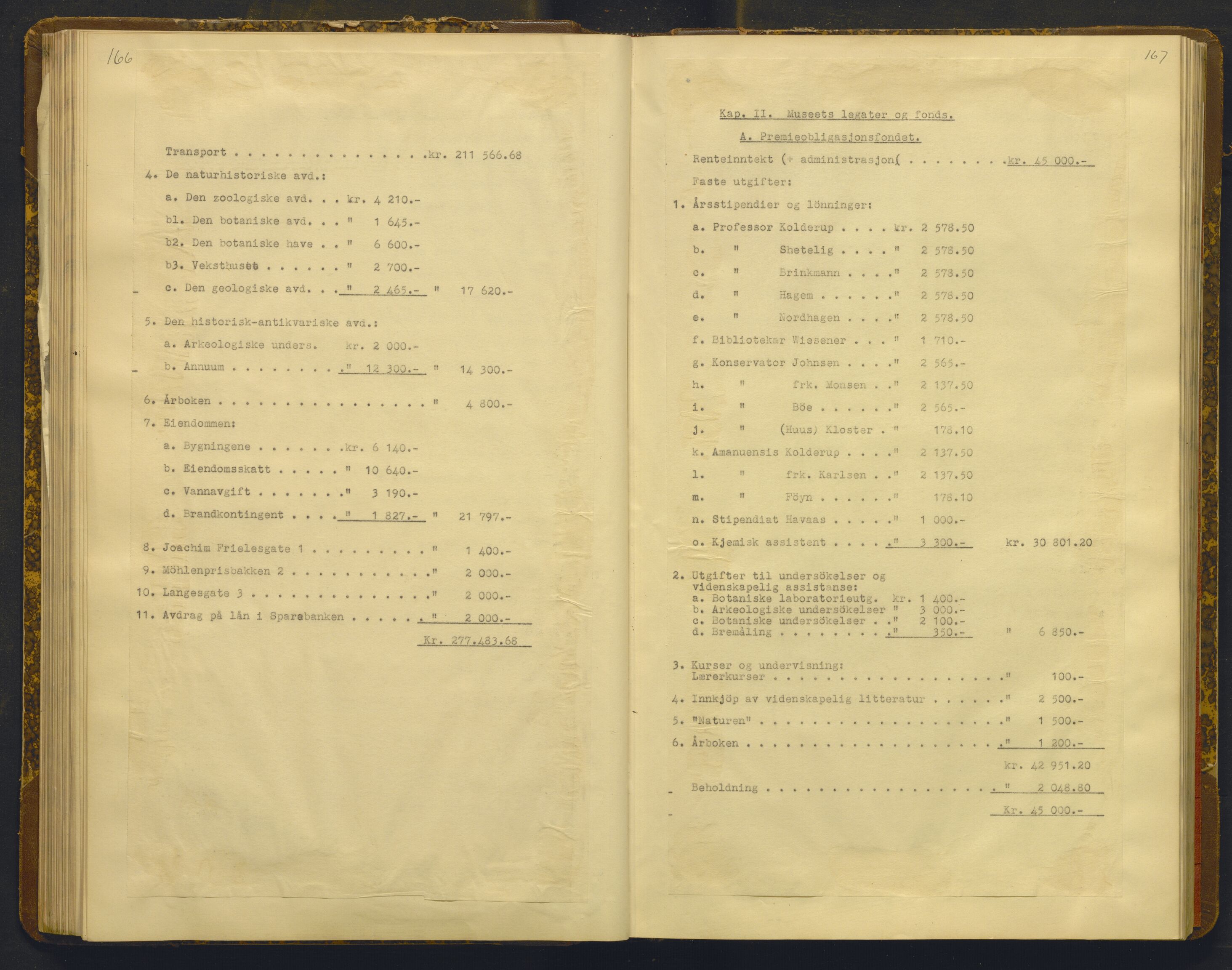 Bergens Museum, AV/SAB-A-17301/02/A/L0009: Forhandlingsprotokoll med register , 1927-1943, p. 166-167