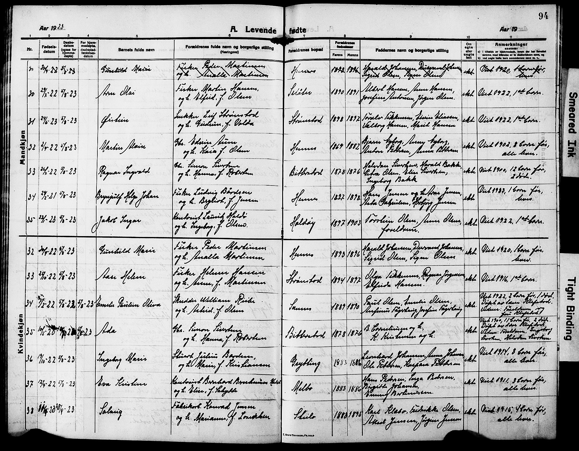 Ministerialprotokoller, klokkerbøker og fødselsregistre - Nordland, AV/SAT-A-1459/888/L1269: Parish register (copy) no. 888C07, 1913-1927, p. 94