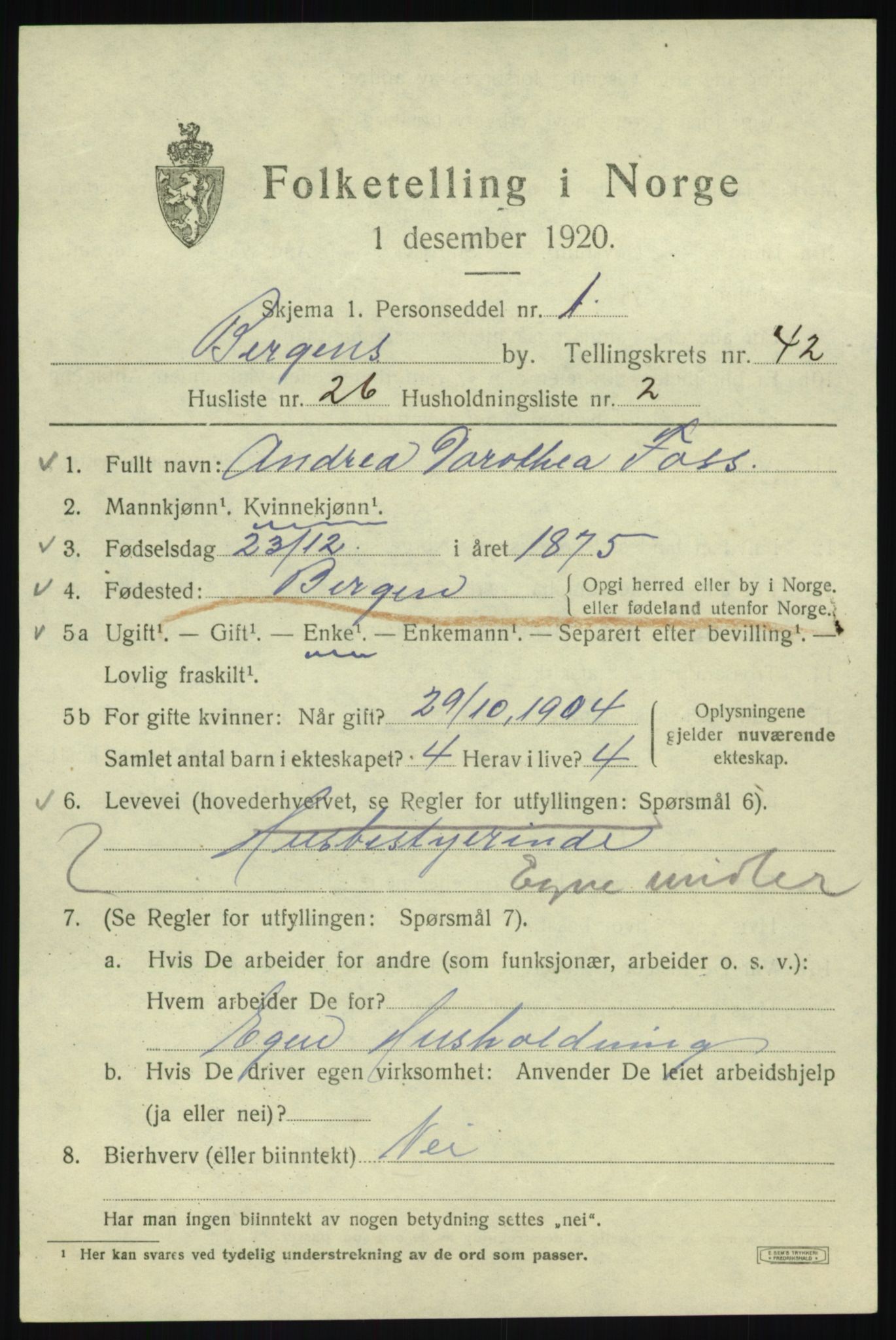 SAB, 1920 census for Bergen, 1920, p. 110415