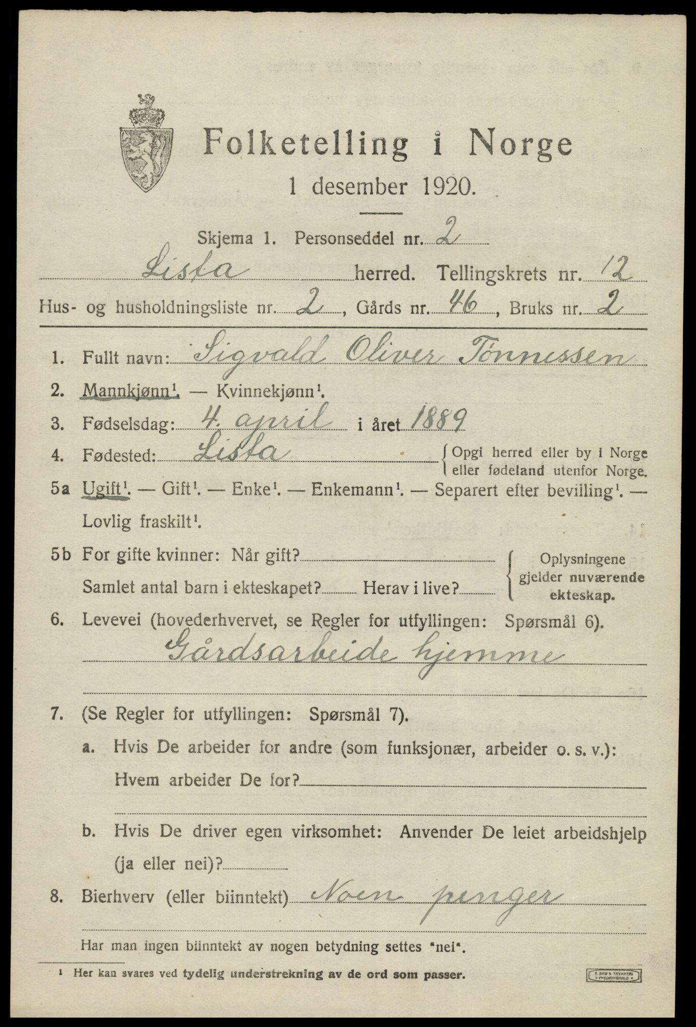 SAK, 1920 census for Lista, 1920, p. 11511