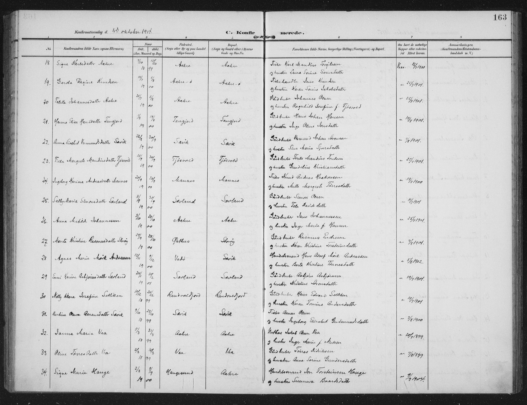 Kopervik sokneprestkontor, AV/SAST-A-101850/H/Ha/Haa/L0005: Parish register (official) no. A 5, 1906-1924, p. 163