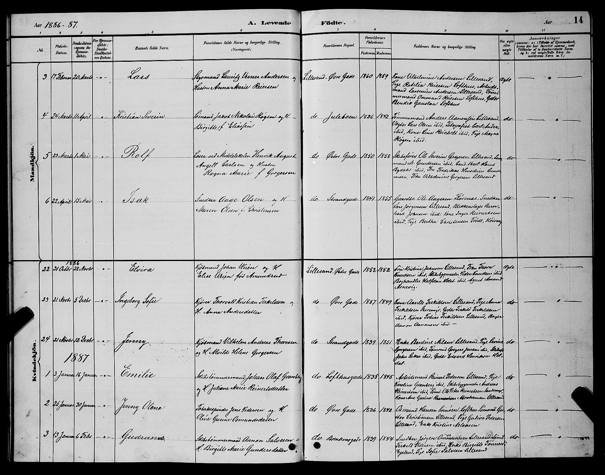 Vestre Moland sokneprestkontor, AV/SAK-1111-0046/F/Fb/Fba/L0001: Parish register (copy) no. B 1, 1884-1903, p. 14