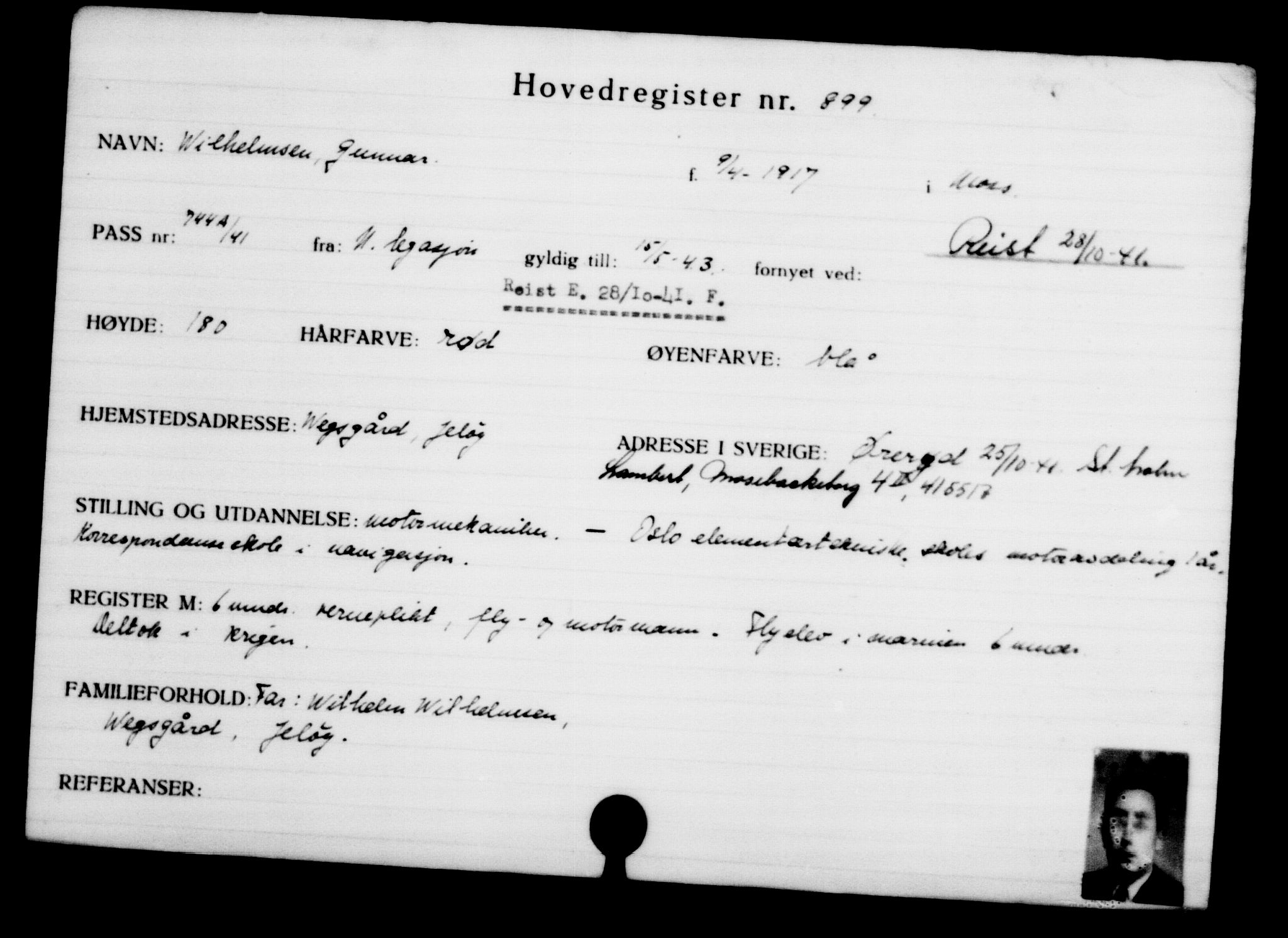 Utenriksstasjonene, Legasjonen i Stockholm, Flyktningkontoret, AV/RA-S-6753/V/Va/L0001: Kjesäterkartoteket, flyktninger med registreringsnr. 1-1000, 1940-1945, p. 1422