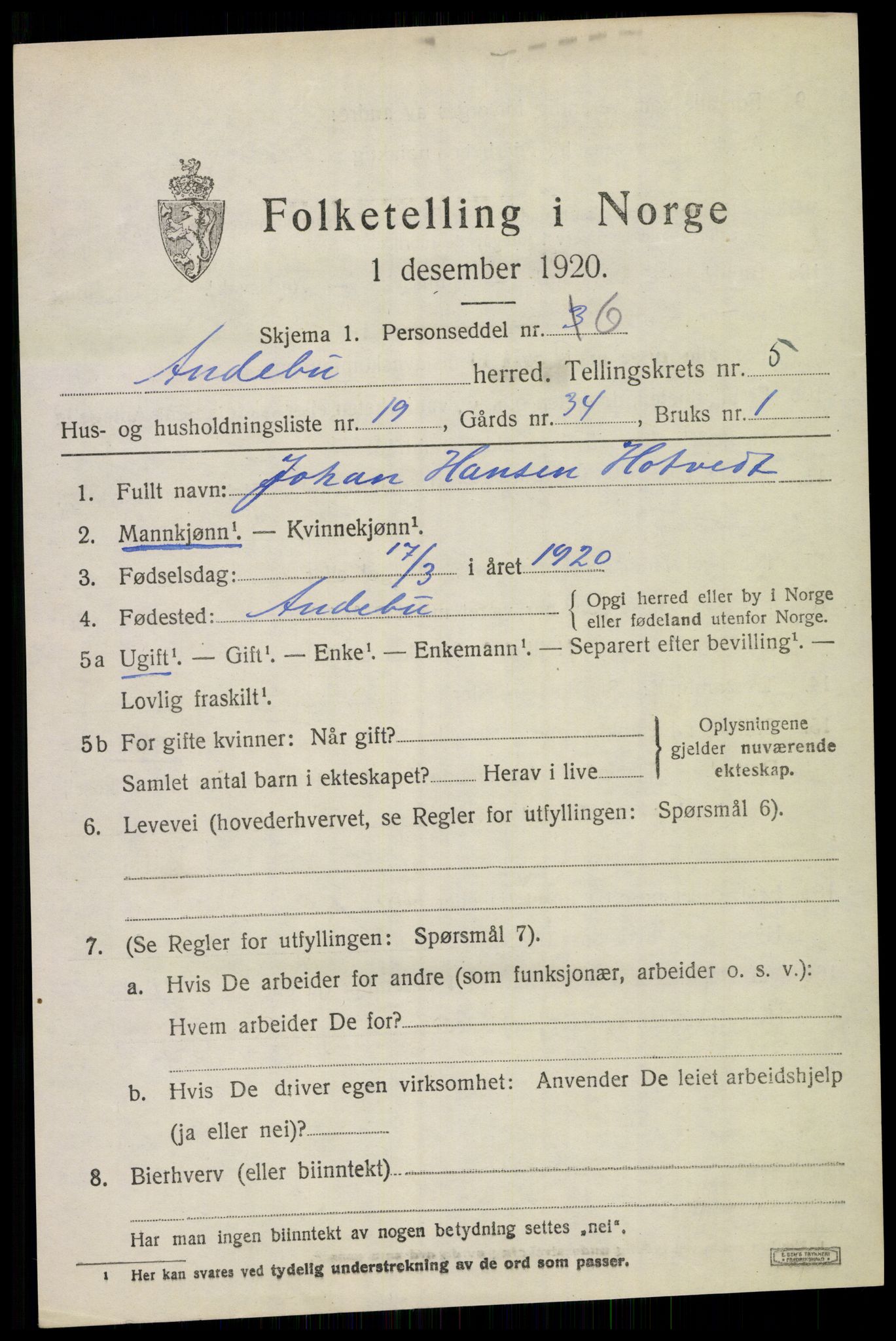 SAKO, 1920 census for Andebu, 1920, p. 2818