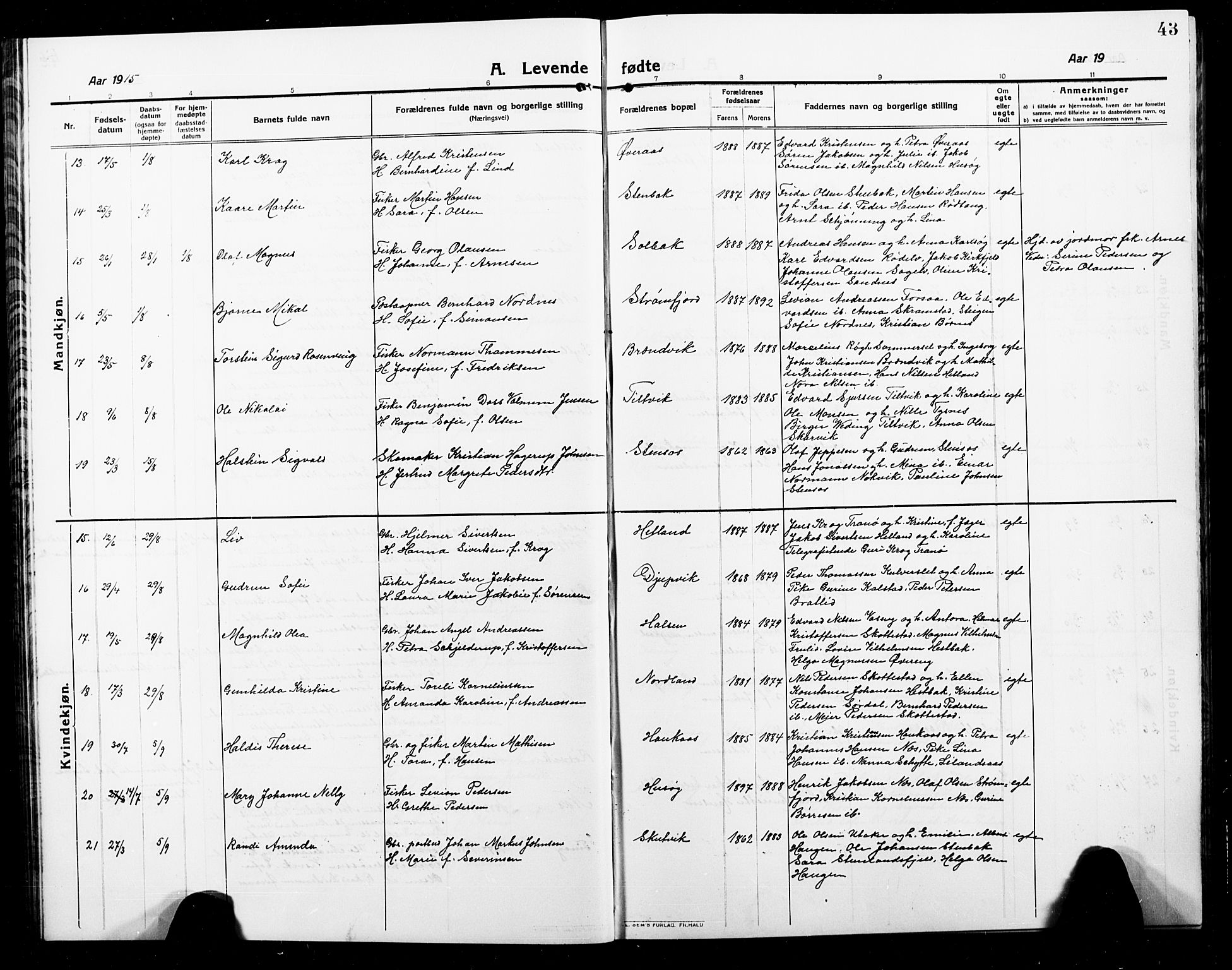 Ministerialprotokoller, klokkerbøker og fødselsregistre - Nordland, AV/SAT-A-1459/859/L0861: Parish register (copy) no. 859C07, 1910-1925, p. 43