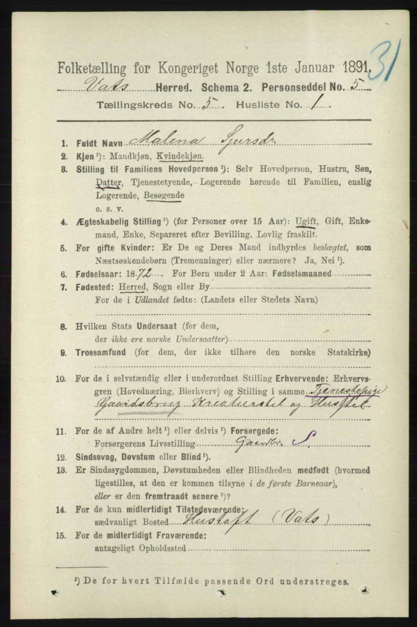 RA, 1891 census for 1155 Vats, 1891, p. 736