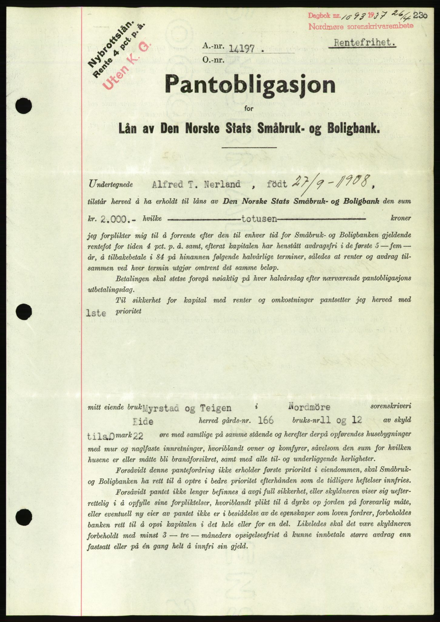 Nordmøre sorenskriveri, AV/SAT-A-4132/1/2/2Ca/L0091: Mortgage book no. B81, 1937-1937, Diary no: : 1093/1937