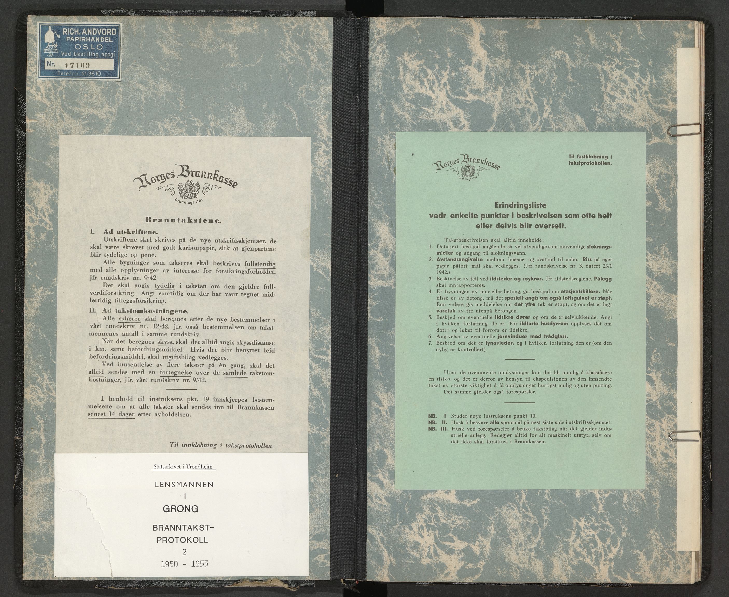 Norges Brannkasse Grong, SAT/A-5553/Fa/L0002: Branntakstprotokoll, 1950-1953