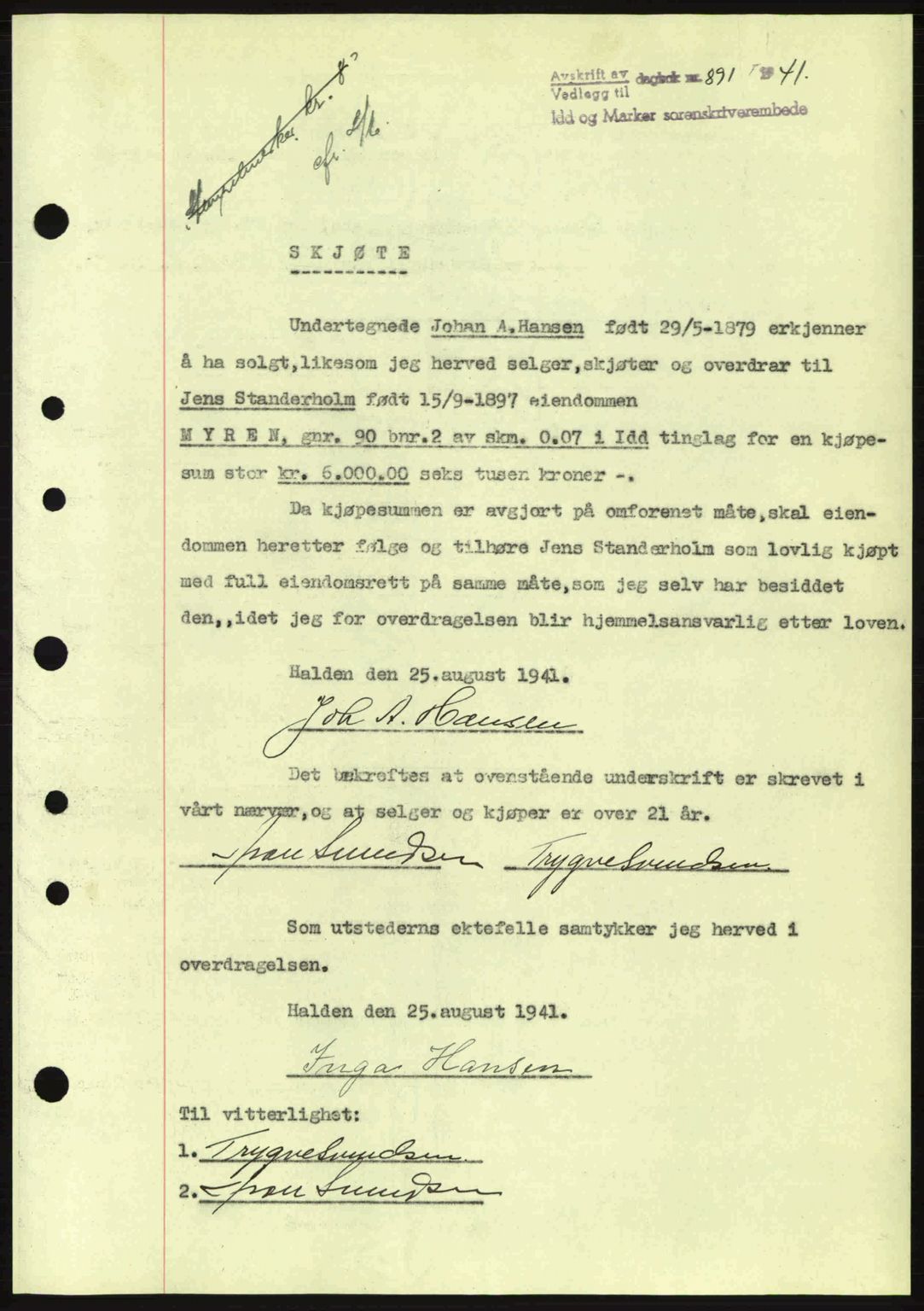 Idd og Marker sorenskriveri, AV/SAO-A-10283/G/Gb/Gbb/L0004: Mortgage book no. A4, 1940-1941, Diary no: : 891/1941