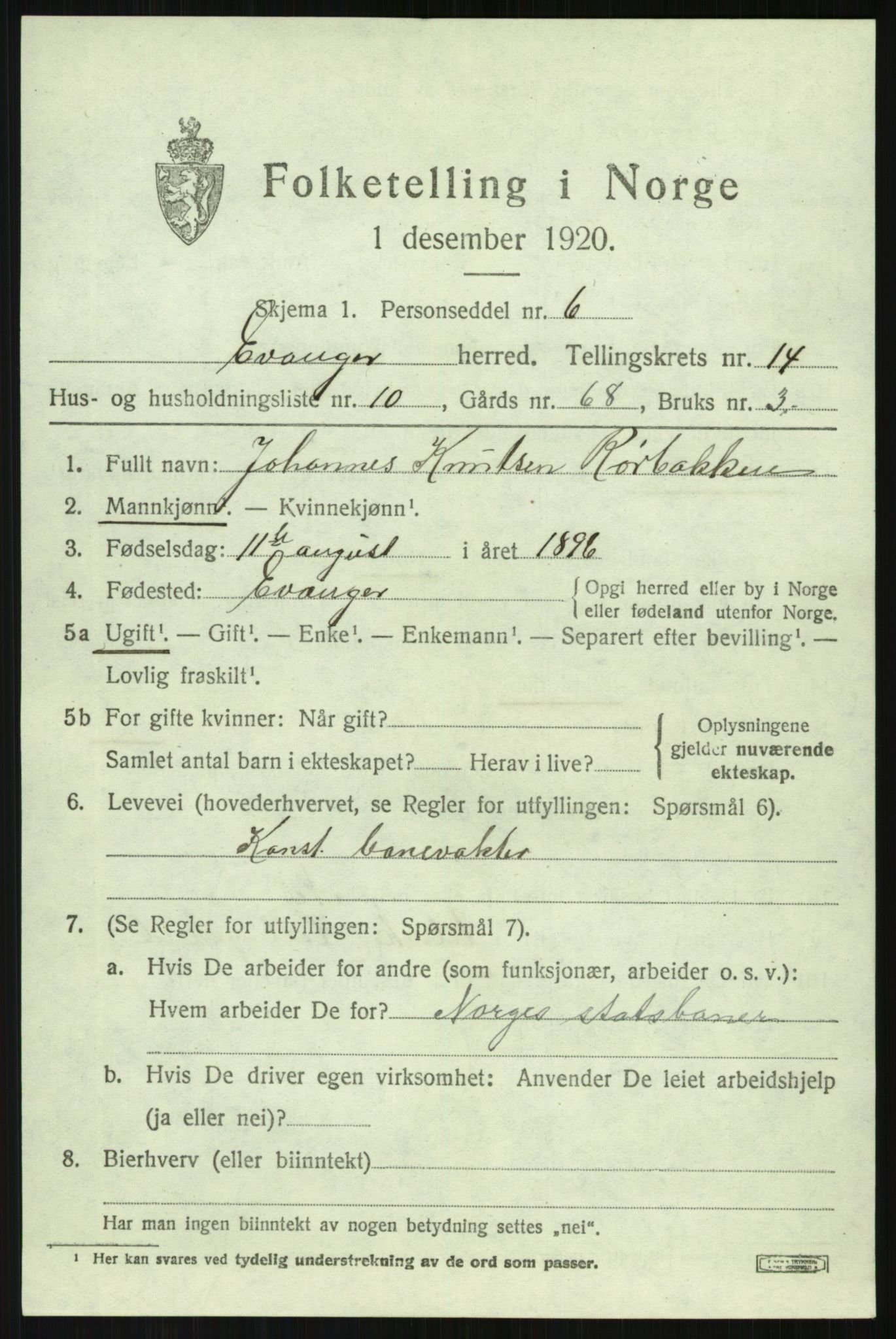 SAB, 1920 census for Evanger, 1920, p. 4083