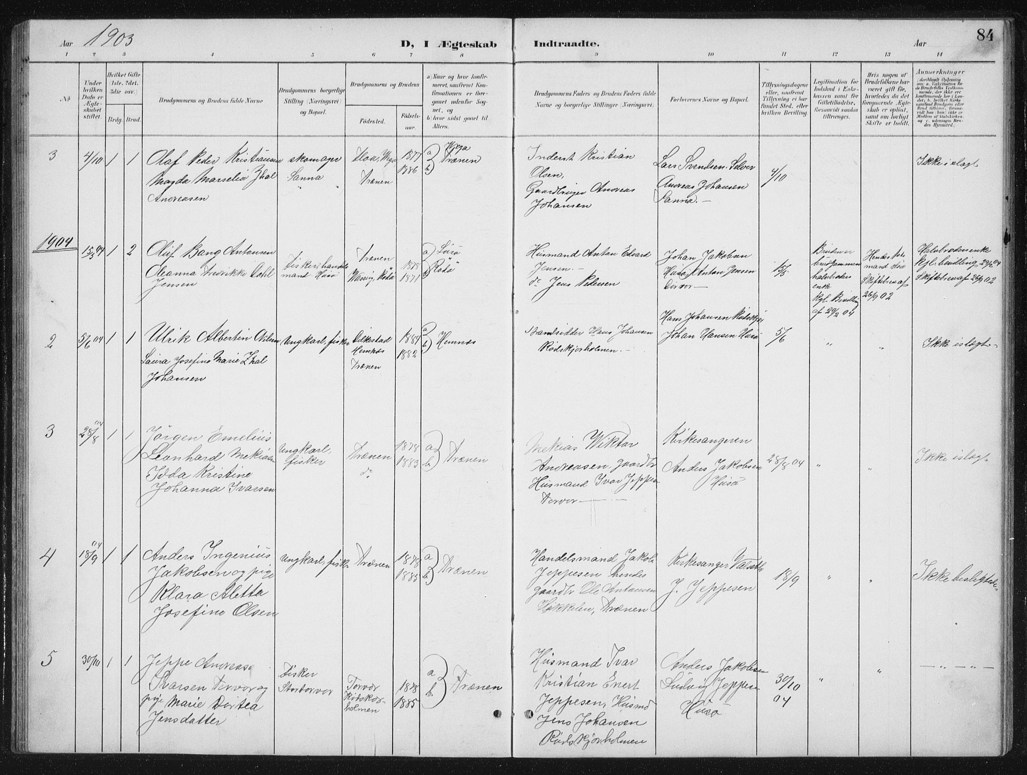 Ministerialprotokoller, klokkerbøker og fødselsregistre - Nordland, AV/SAT-A-1459/840/L0583: Parish register (copy) no. 840C03, 1901-1933, p. 84