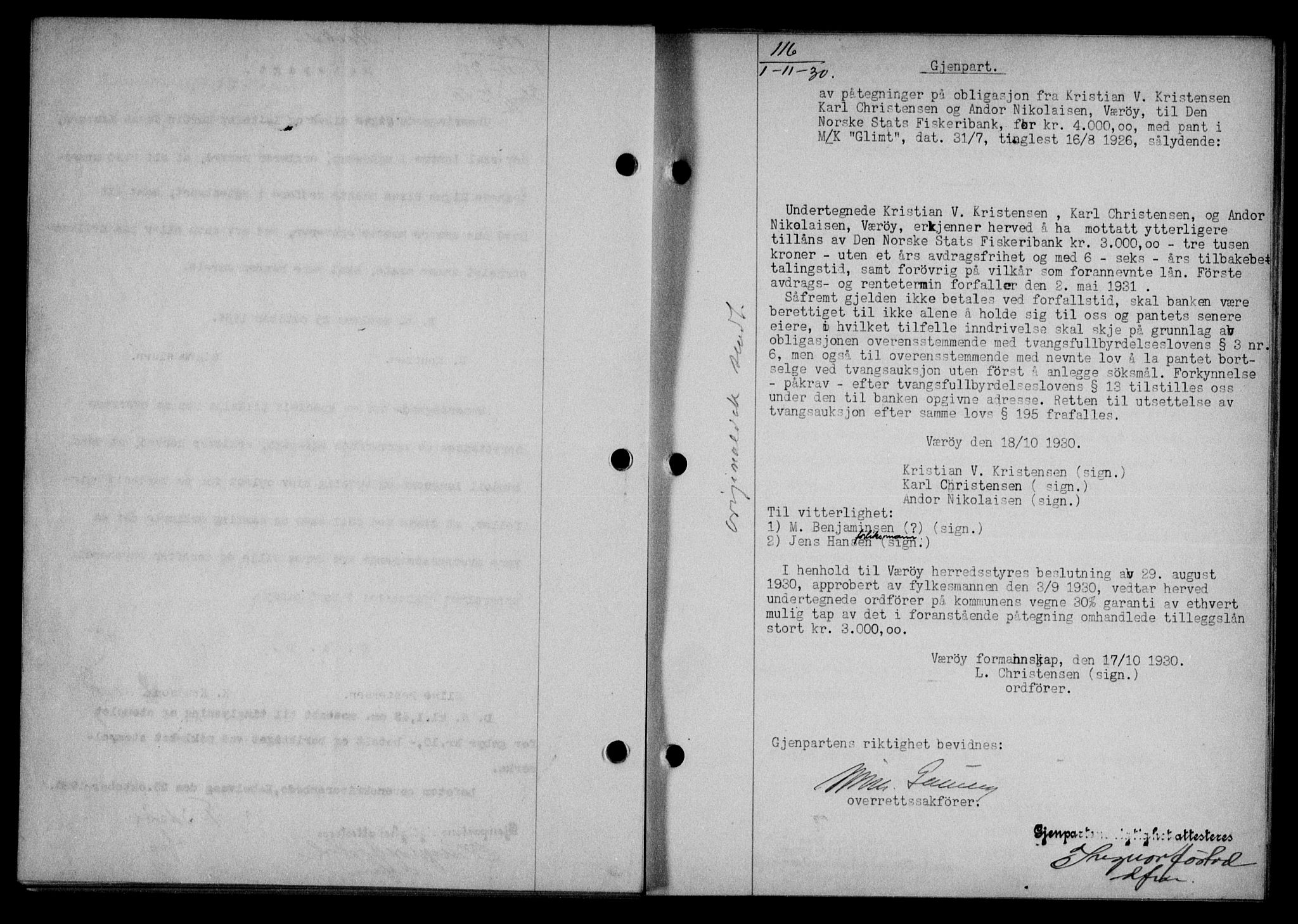 Lofoten sorenskriveri, SAT/A-0017/1/2/2C/L0022b: Mortgage book no. 22b, 1930-1930, Deed date: 01.11.1930
