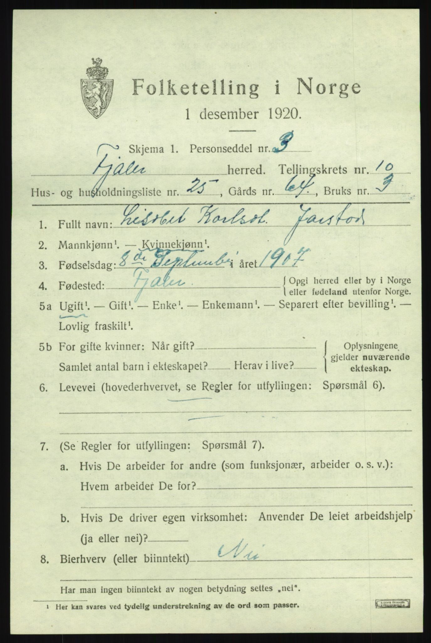 SAB, 1920 census for Fjaler, 1920, p. 5227