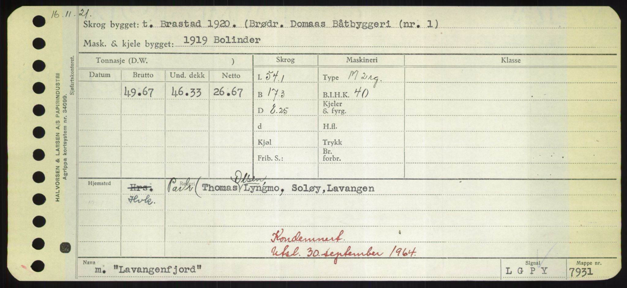 Sjøfartsdirektoratet med forløpere, Skipsmålingen, RA/S-1627/H/Hd/L0022: Fartøy, L-Lia, p. 255