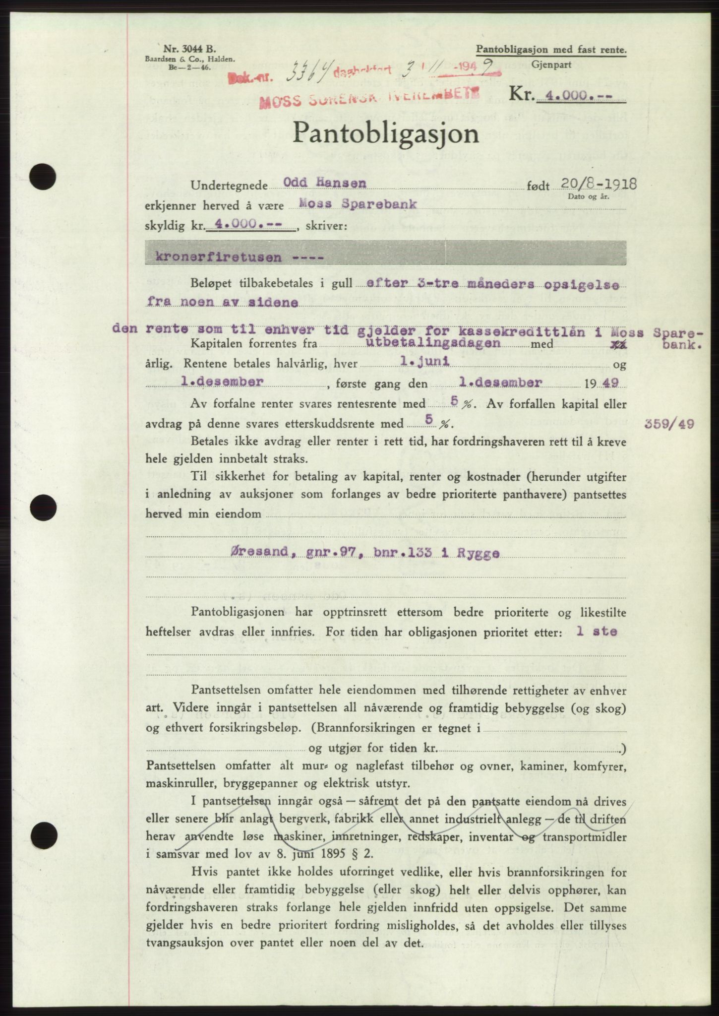 Moss sorenskriveri, SAO/A-10168: Mortgage book no. B23, 1949-1950, Diary no: : 3364/1949