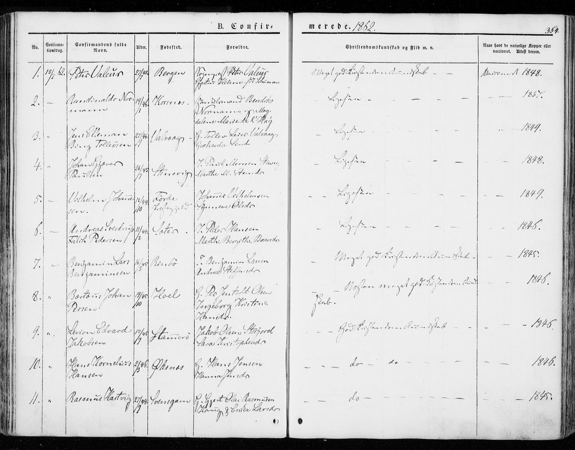 Ministerialprotokoller, klokkerbøker og fødselsregistre - Nordland, AV/SAT-A-1459/872/L1033: Parish register (official) no. 872A08, 1840-1863, p. 354