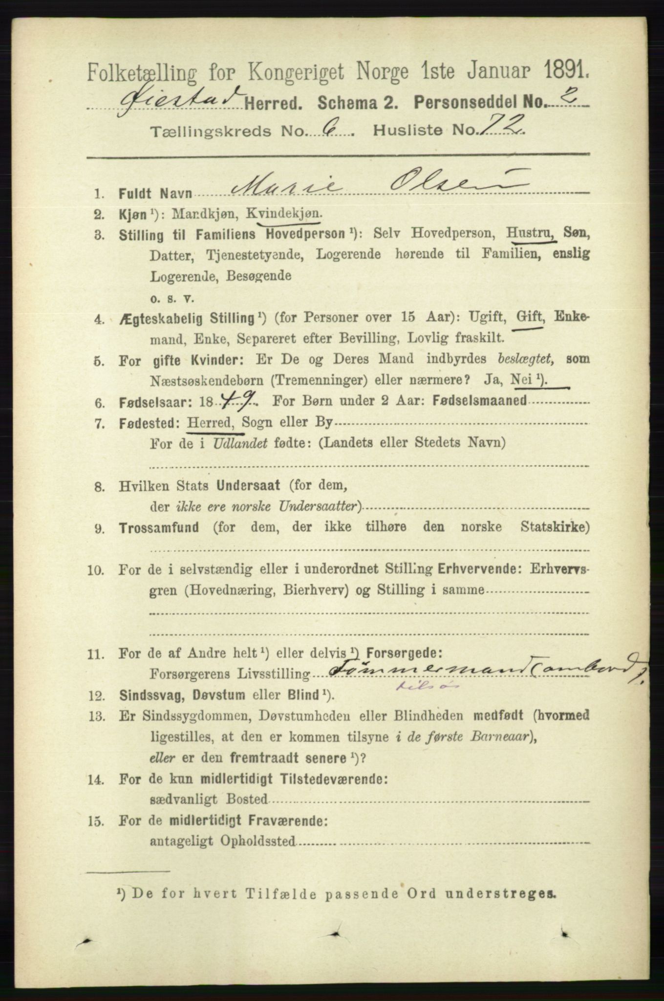 RA, 1891 census for 0920 Øyestad, 1891, p. 2542