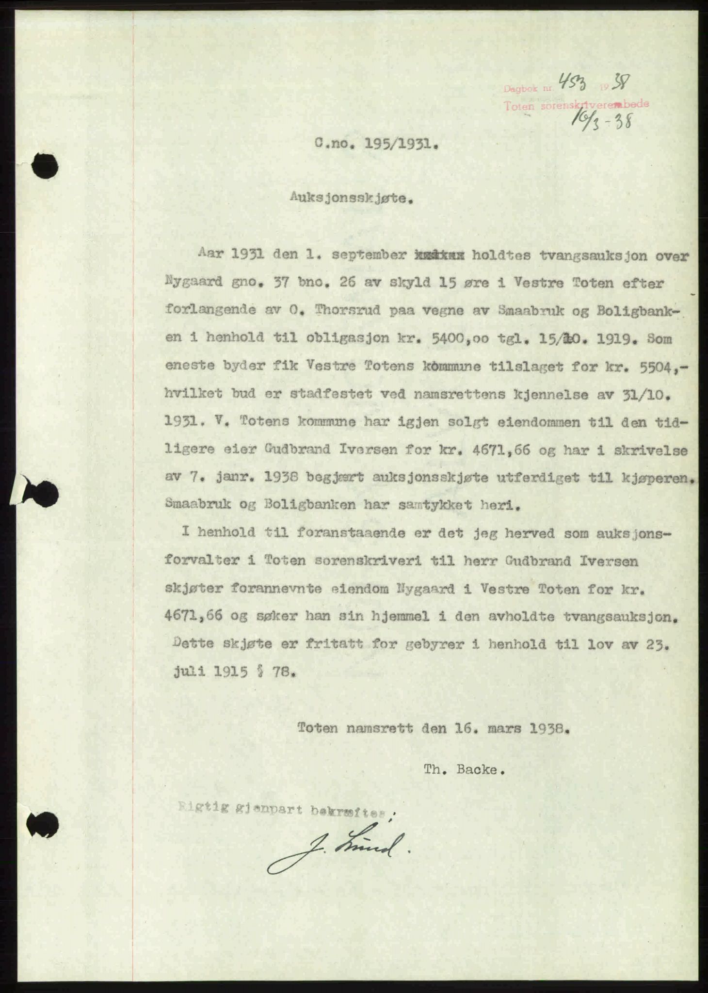 Toten tingrett, SAH/TING-006/H/Hb/Hbc/L0003: Mortgage book no. Hbc-03, 1937-1938, Diary no: : 453/1938