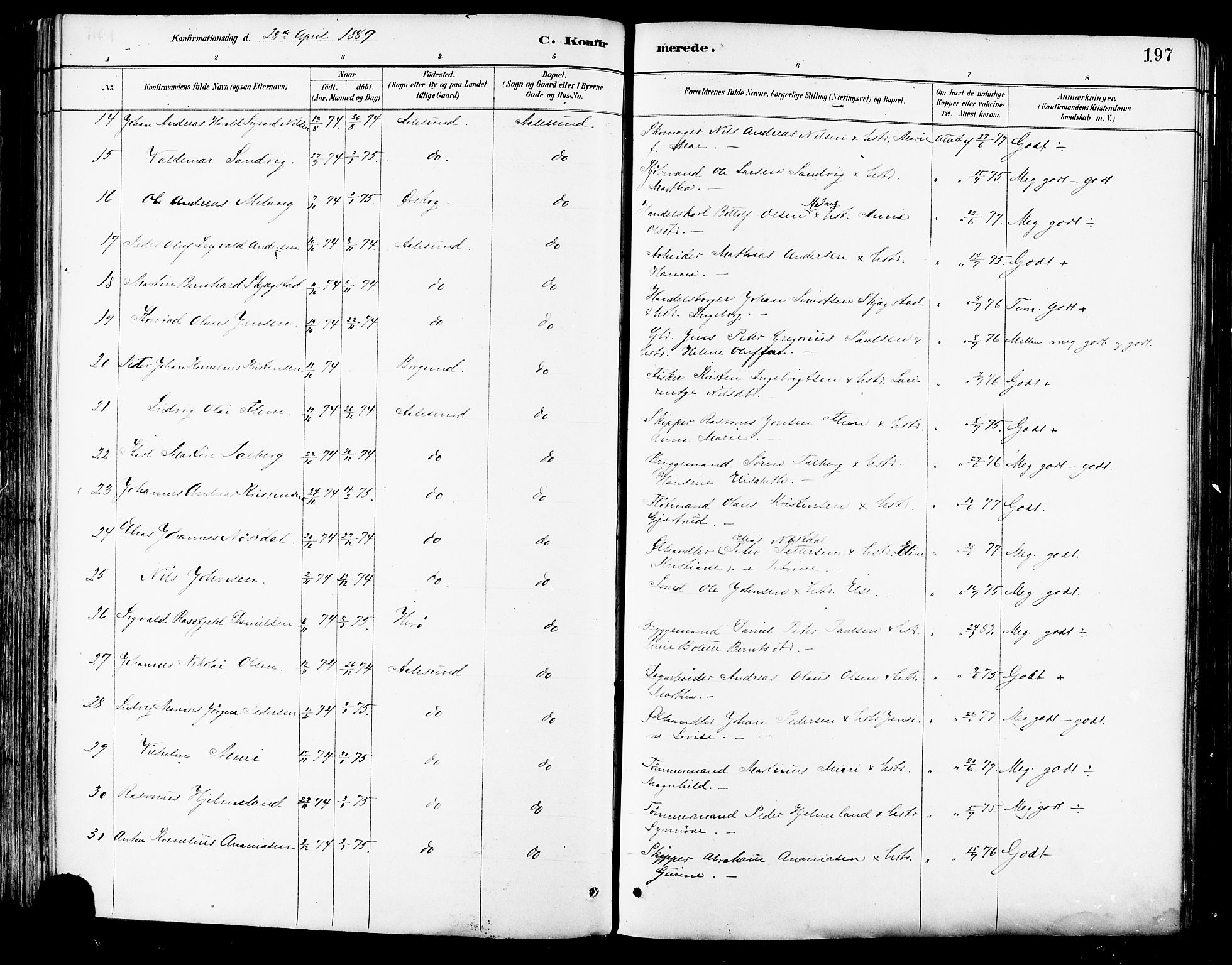 Ministerialprotokoller, klokkerbøker og fødselsregistre - Møre og Romsdal, AV/SAT-A-1454/529/L0455: Parish register (official) no. 529A05, 1885-1893, p. 197