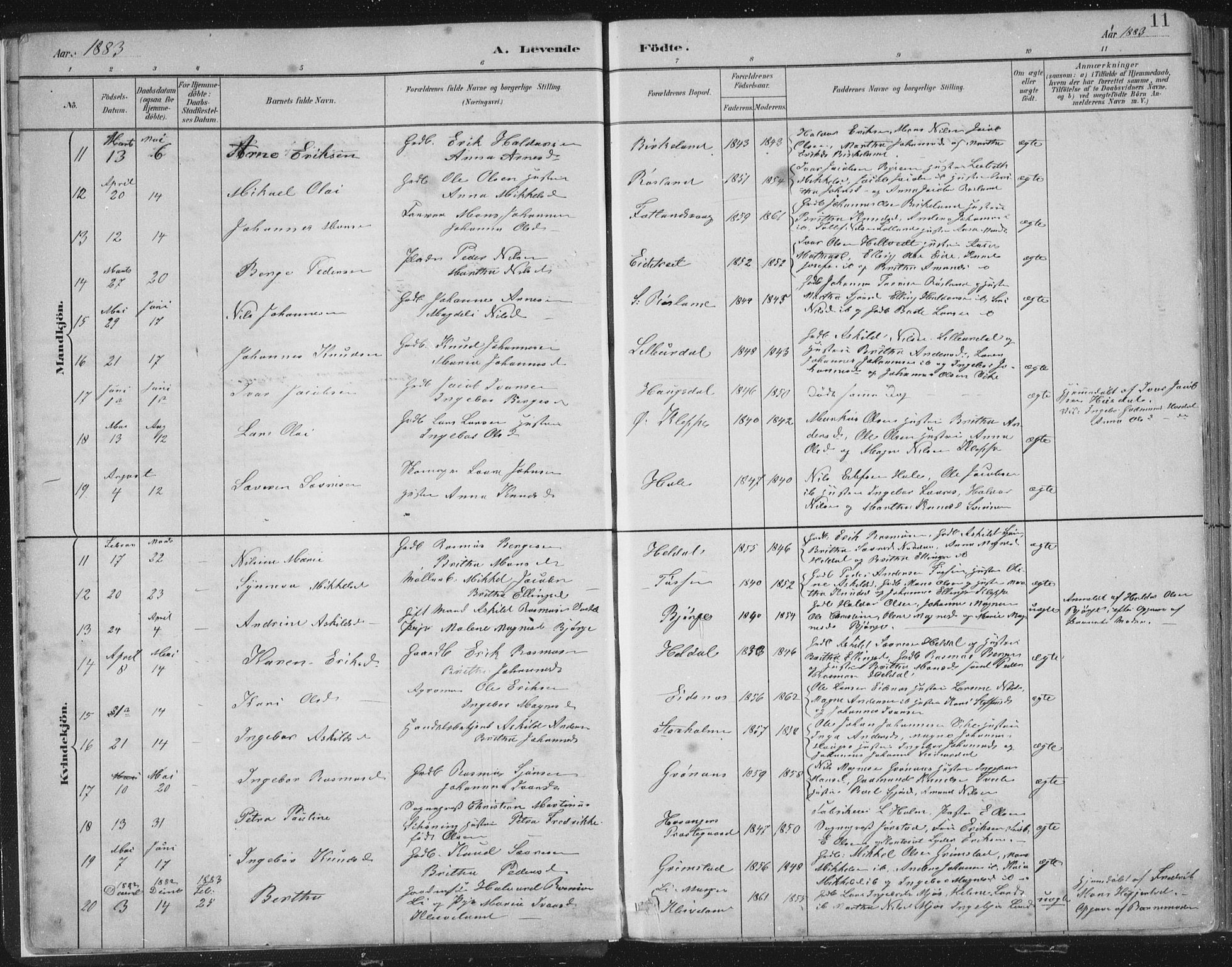 Hosanger sokneprestembete, SAB/A-75801/H/Hab: Parish register (copy) no. A 3 I, 1882-1903, p. 11