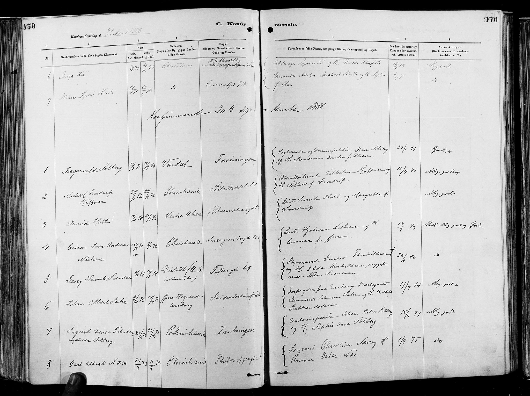 Garnisonsmenigheten Kirkebøker, AV/SAO-A-10846/F/Fa/L0012: Parish register (official) no. 12, 1880-1893, p. 170