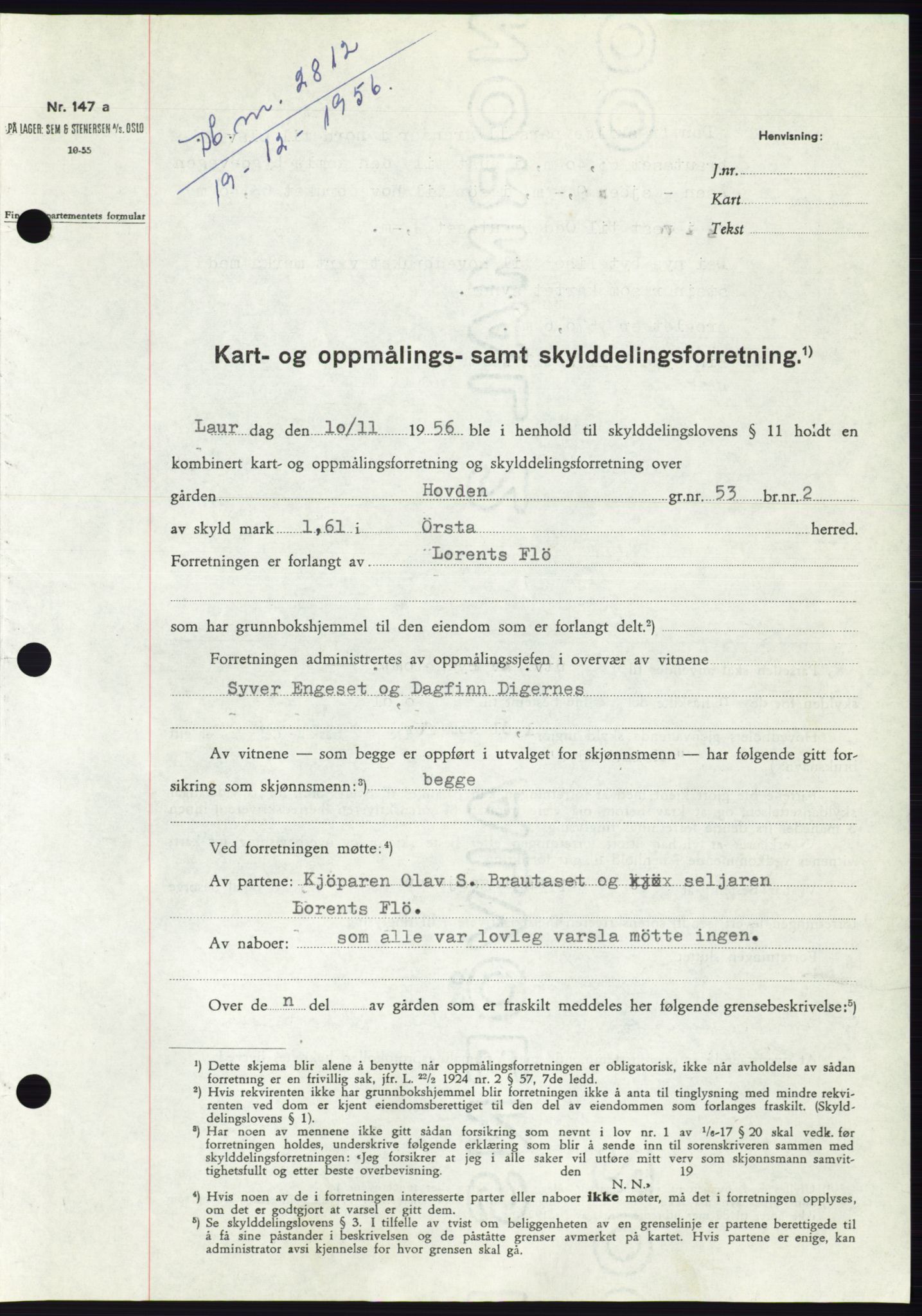 Søre Sunnmøre sorenskriveri, AV/SAT-A-4122/1/2/2C/L0105: Mortgage book no. 31A, 1956-1957, Diary no: : 2812/1956