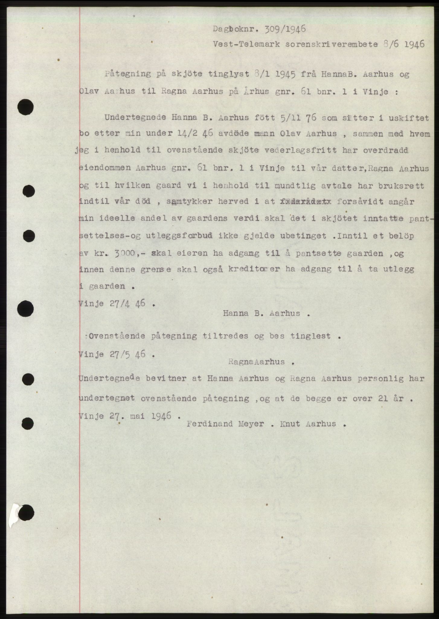 Vest-Telemark sorenskriveri, AV/SAKO-A-134/G/Ga/Gad/L0005b: Mortgage book no. B-5b, 1946-1947, Diary no: : 309/1946