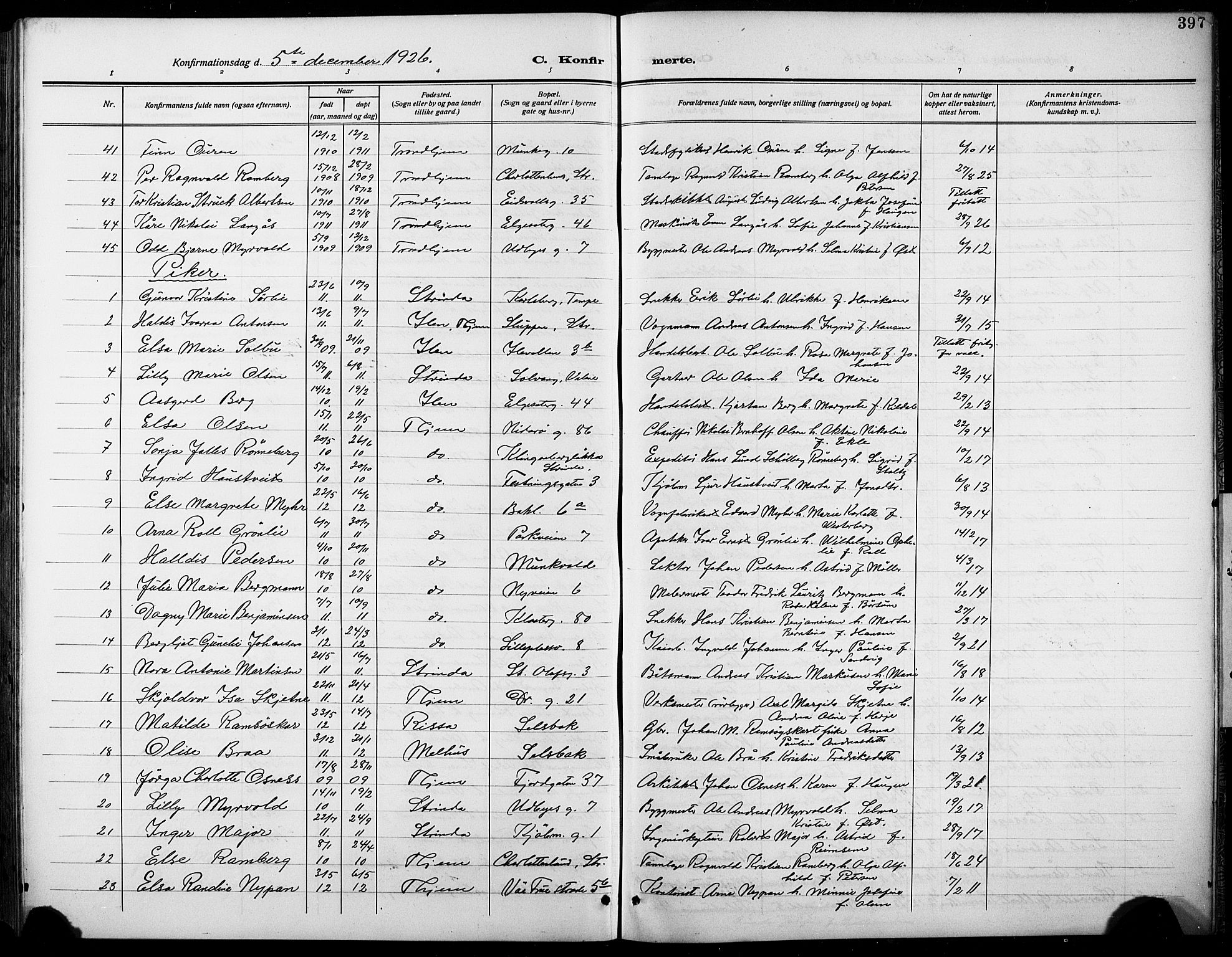 Ministerialprotokoller, klokkerbøker og fødselsregistre - Sør-Trøndelag, SAT/A-1456/601/L0096: Parish register (copy) no. 601C14, 1911-1931, p. 397
