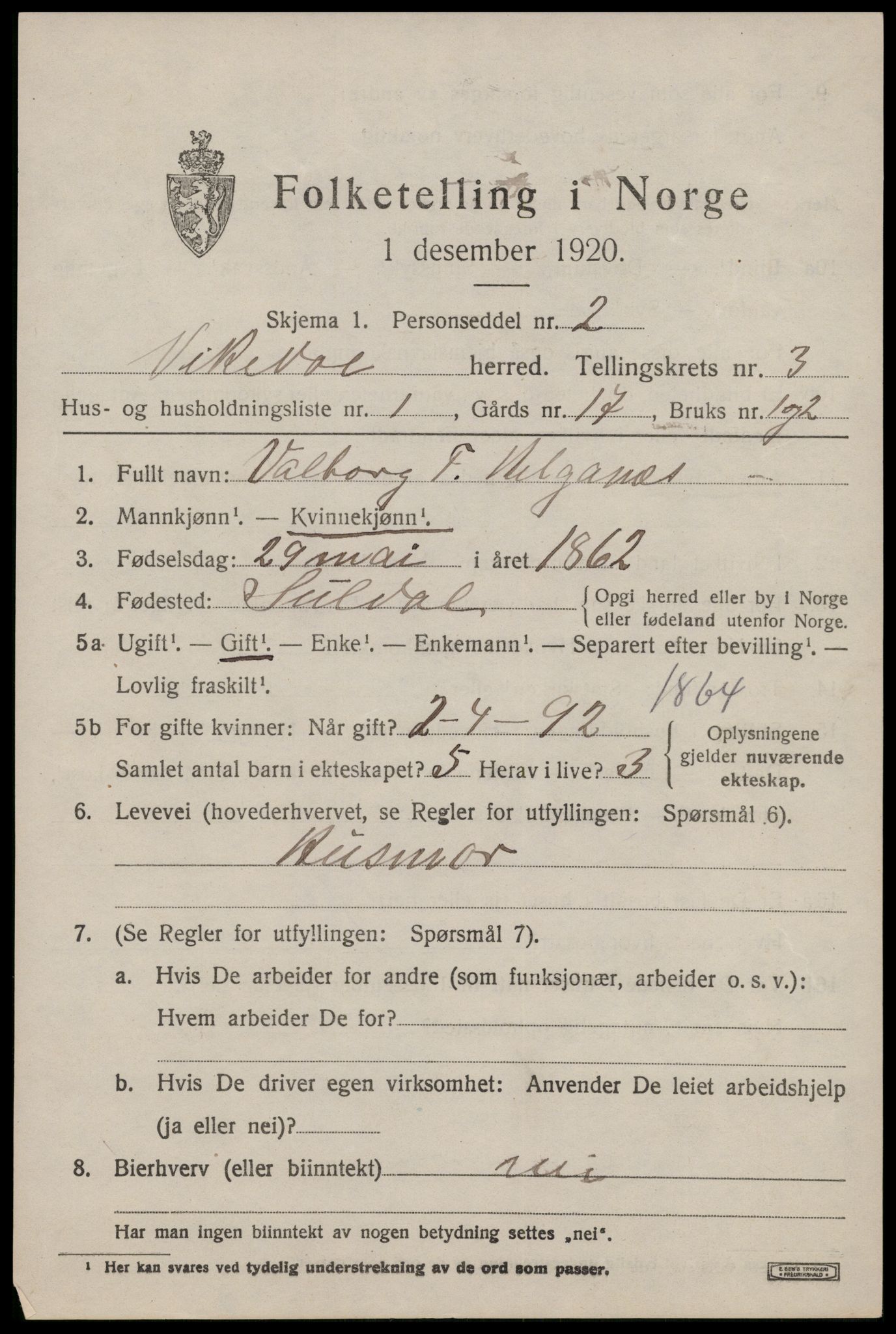 SAST, 1920 census for Vikedal, 1920, p. 1825