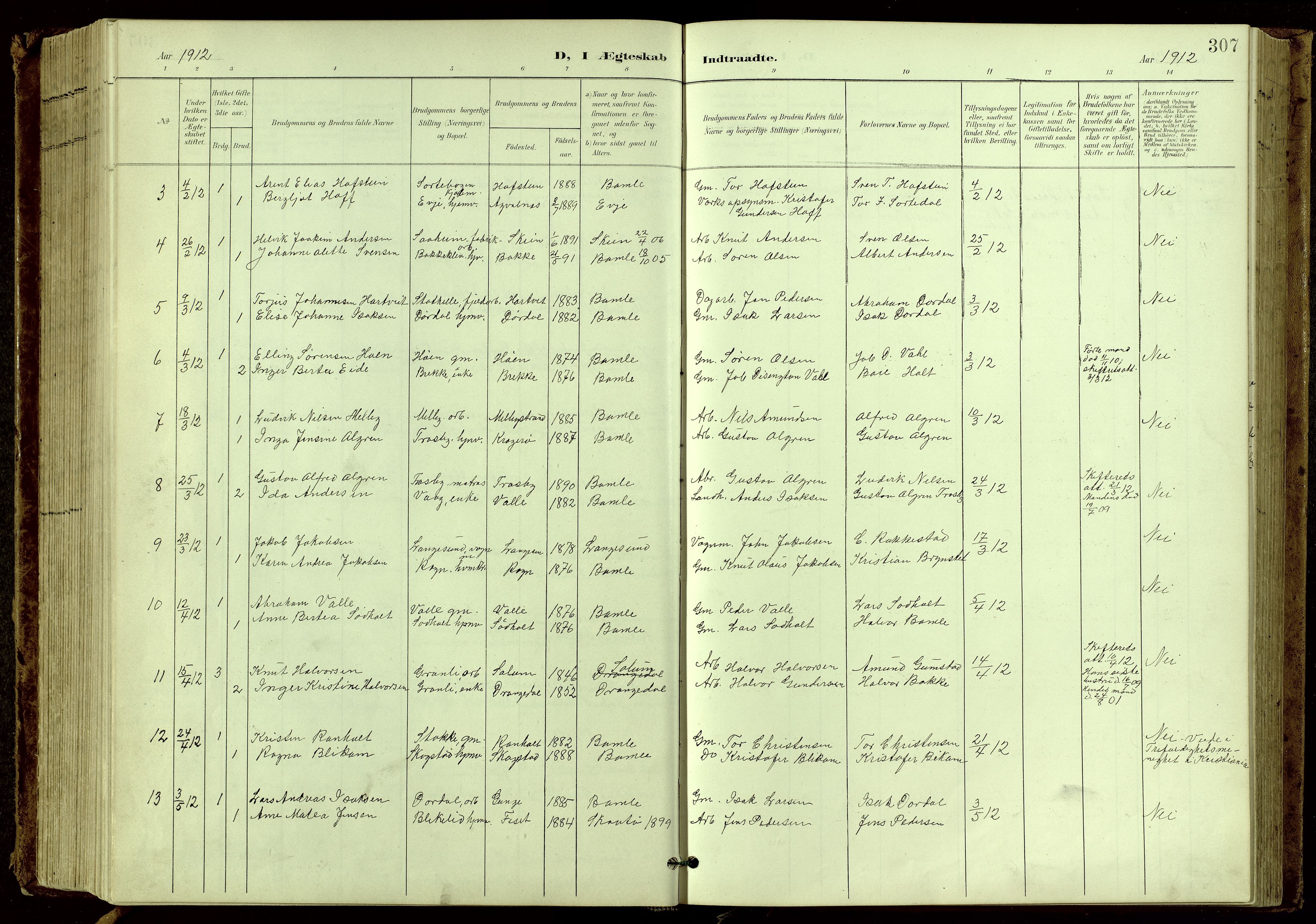 Bamble kirkebøker, AV/SAKO-A-253/G/Ga/L0010: Parish register (copy) no. I 10, 1901-1919, p. 307