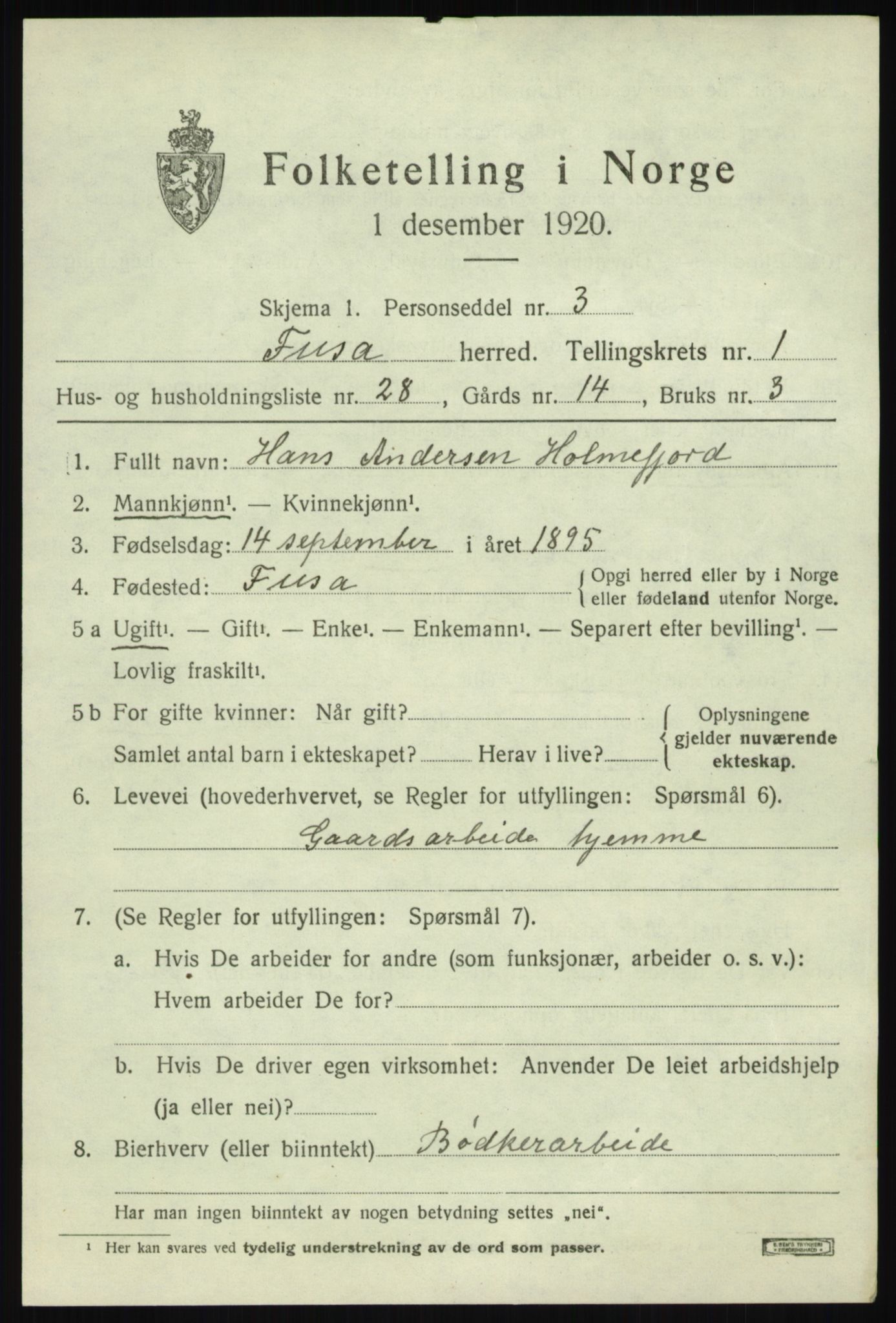 SAB, 1920 census for Fusa, 1920, p. 797