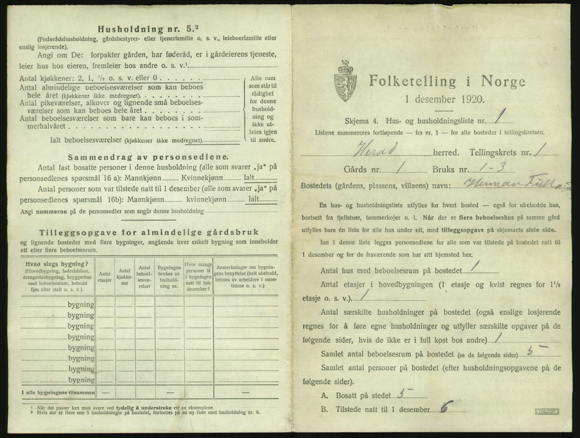 SAK, 1920 census for Herad, 1920, p. 22