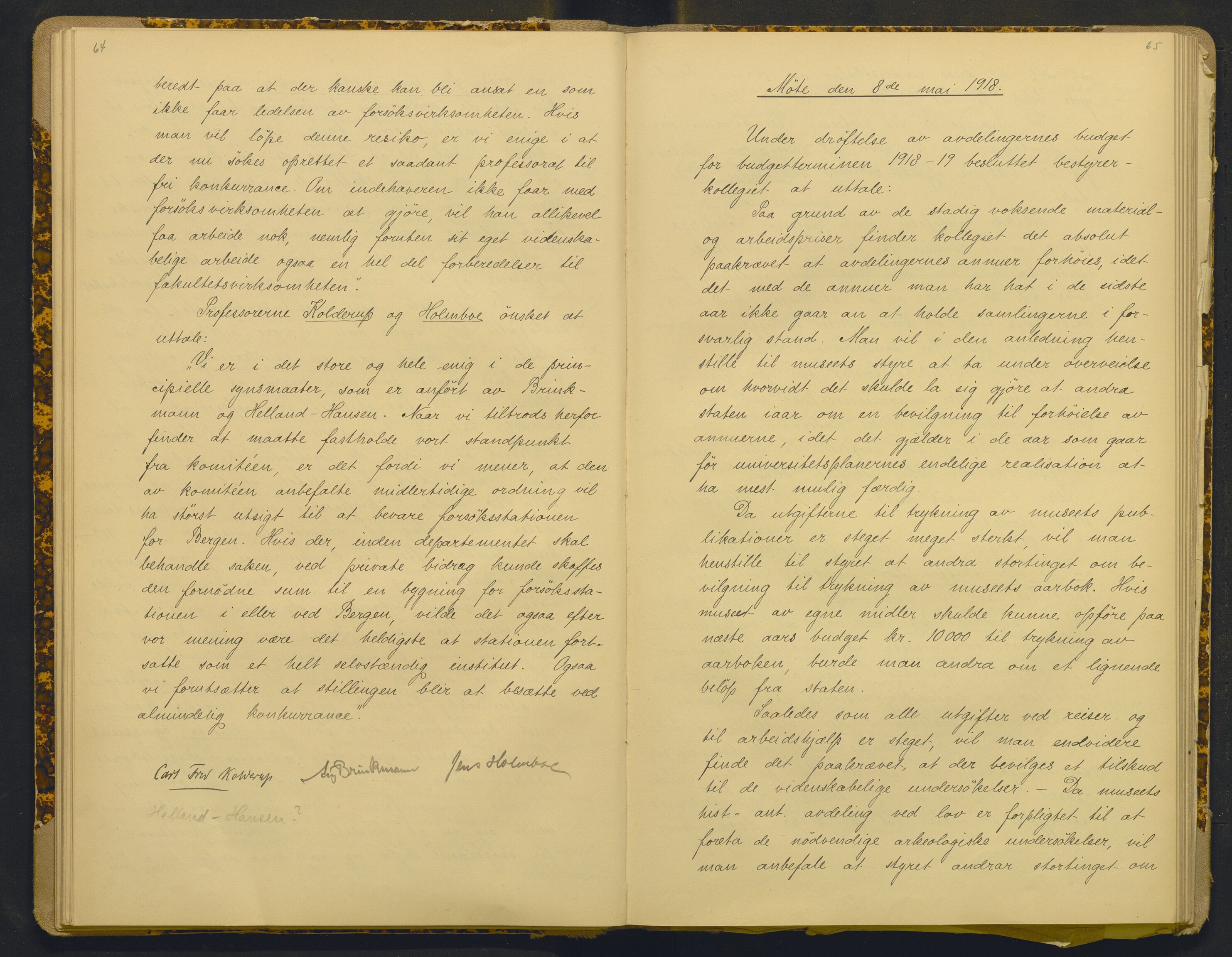 Bergens Museum, AV/SAB-A-17301/18/A/L0001: Bestyrerkollegiets forhandlingsprotokoll med register , 1907-1927, p. 64-65