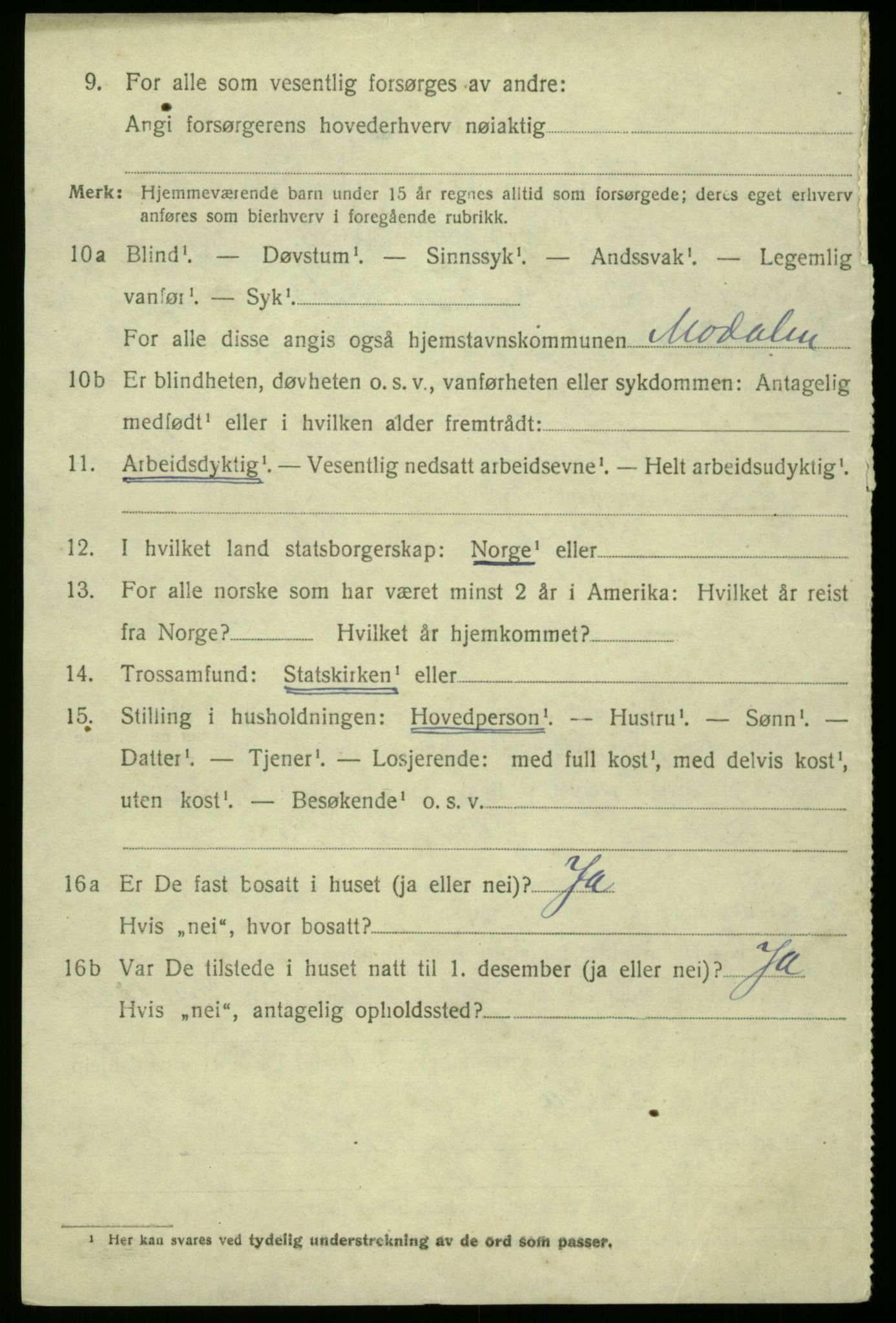 SAB, 1920 census for Modalen, 1920, p. 1599