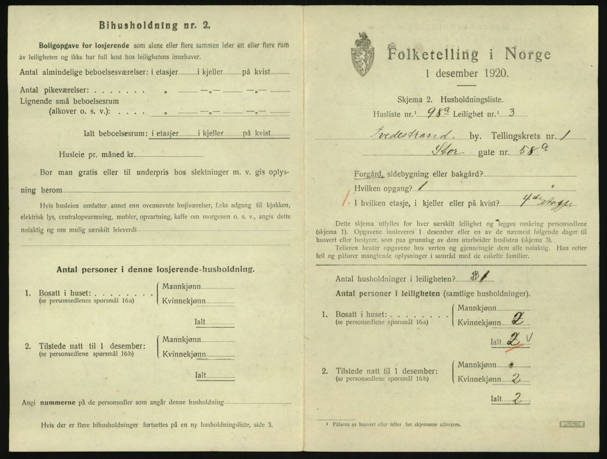 SAK, 1920 census for Tvedestrand, 1920, p. 885