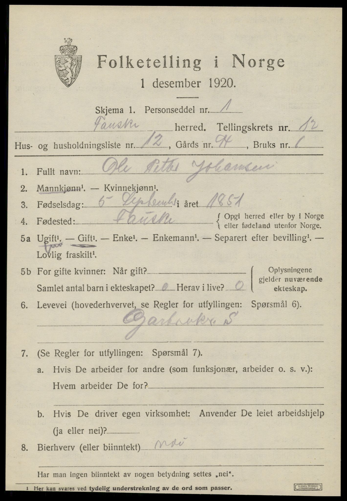 SAT, 1920 census for Fauske, 1920, p. 8352