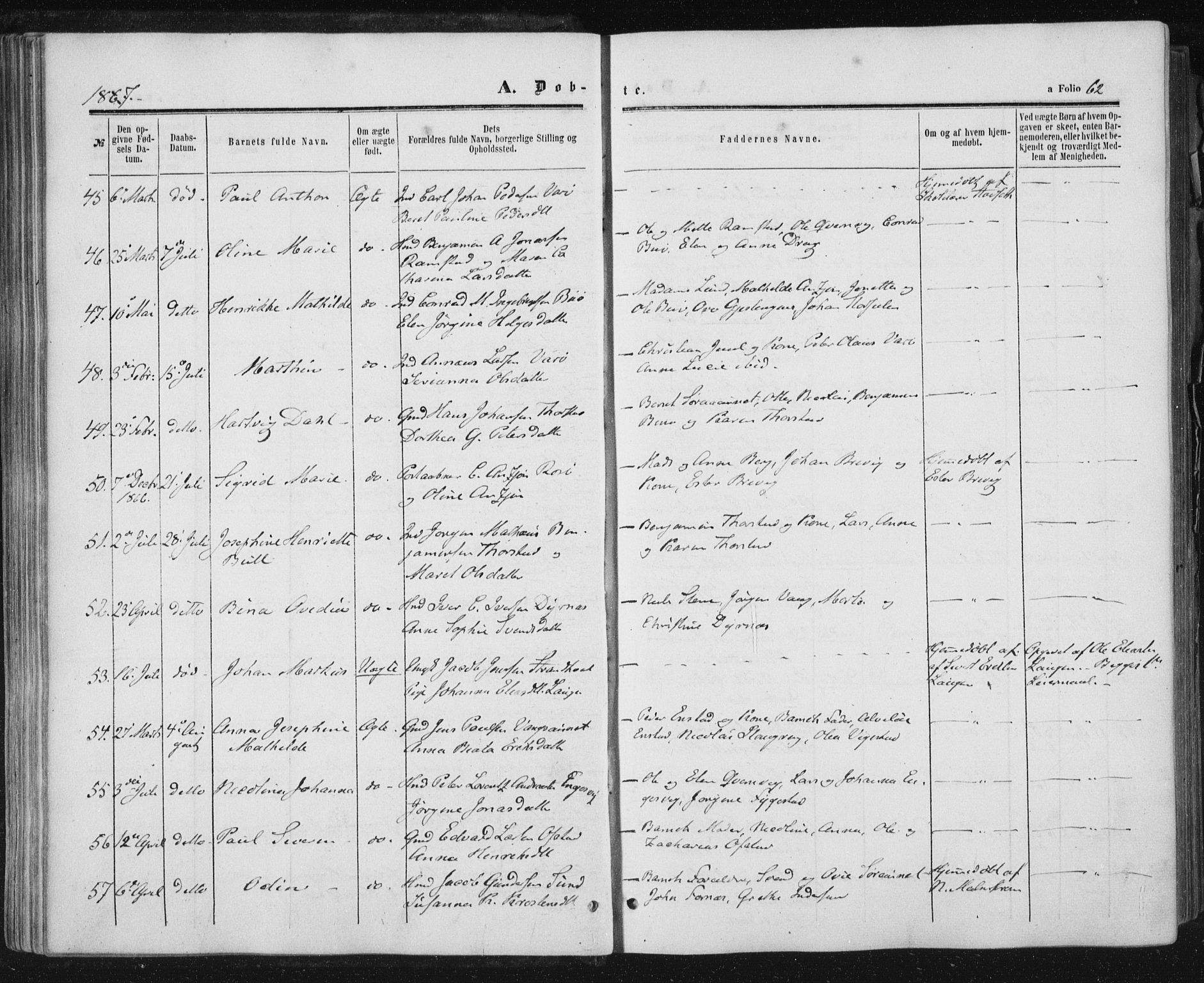 Ministerialprotokoller, klokkerbøker og fødselsregistre - Nord-Trøndelag, AV/SAT-A-1458/784/L0670: Parish register (official) no. 784A05, 1860-1876, p. 62