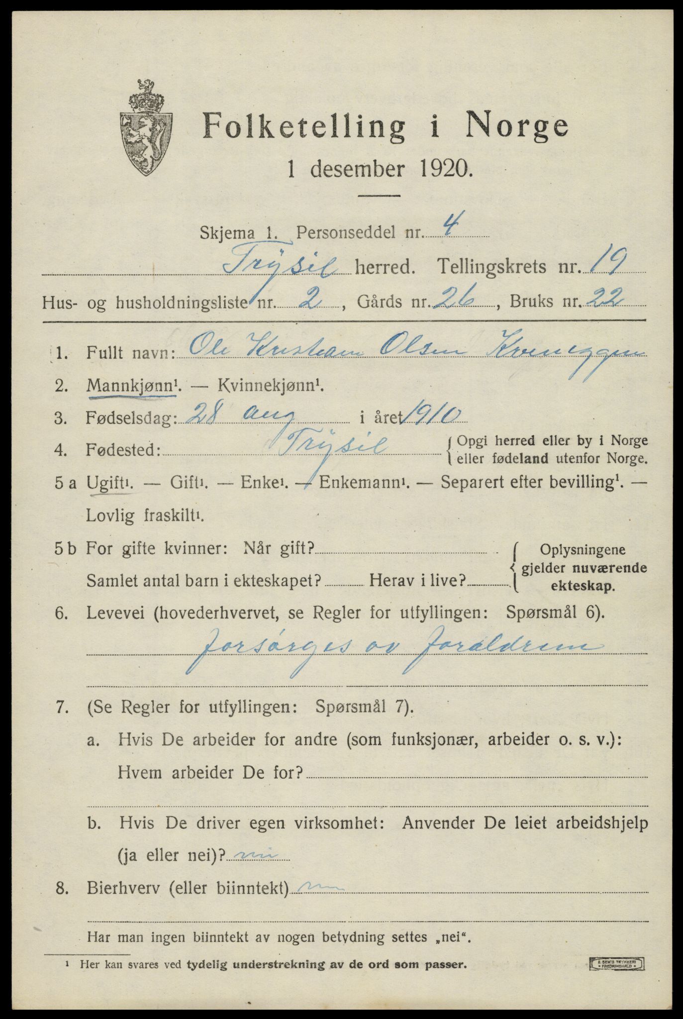 SAH, 1920 census for Trysil, 1920, p. 12741