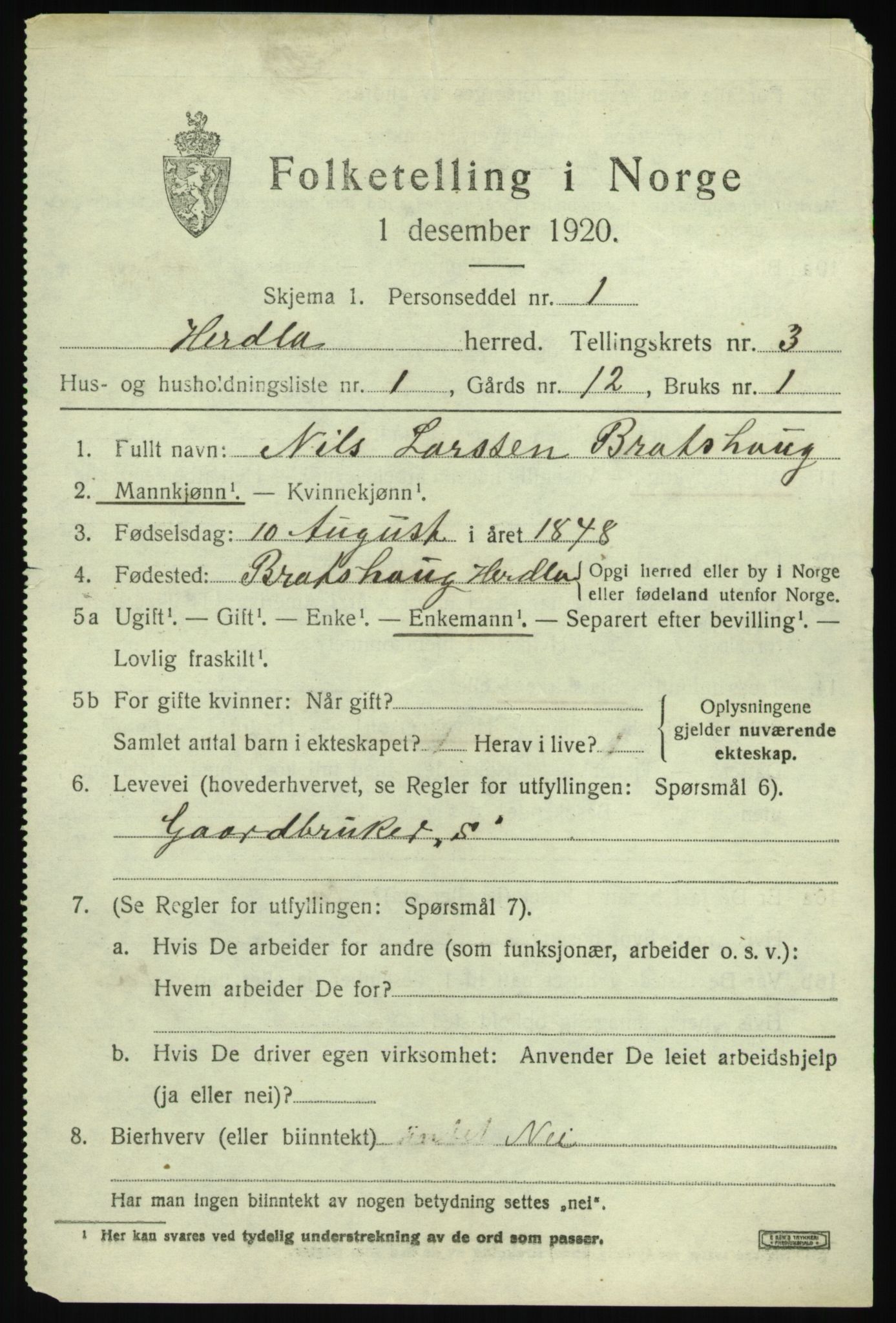 SAB, 1920 census for Herdla, 1920, p. 2851