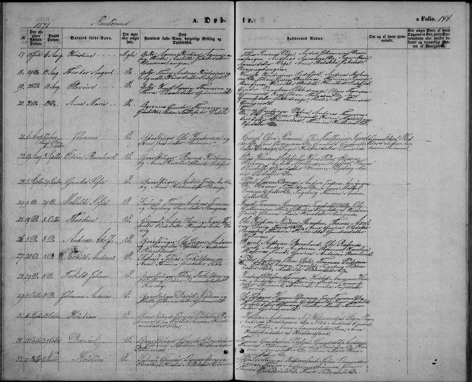 Oddernes sokneprestkontor, AV/SAK-1111-0033/F/Fb/Fba/L0007: Parish register (copy) no. B 7, 1869-1887, p. 144