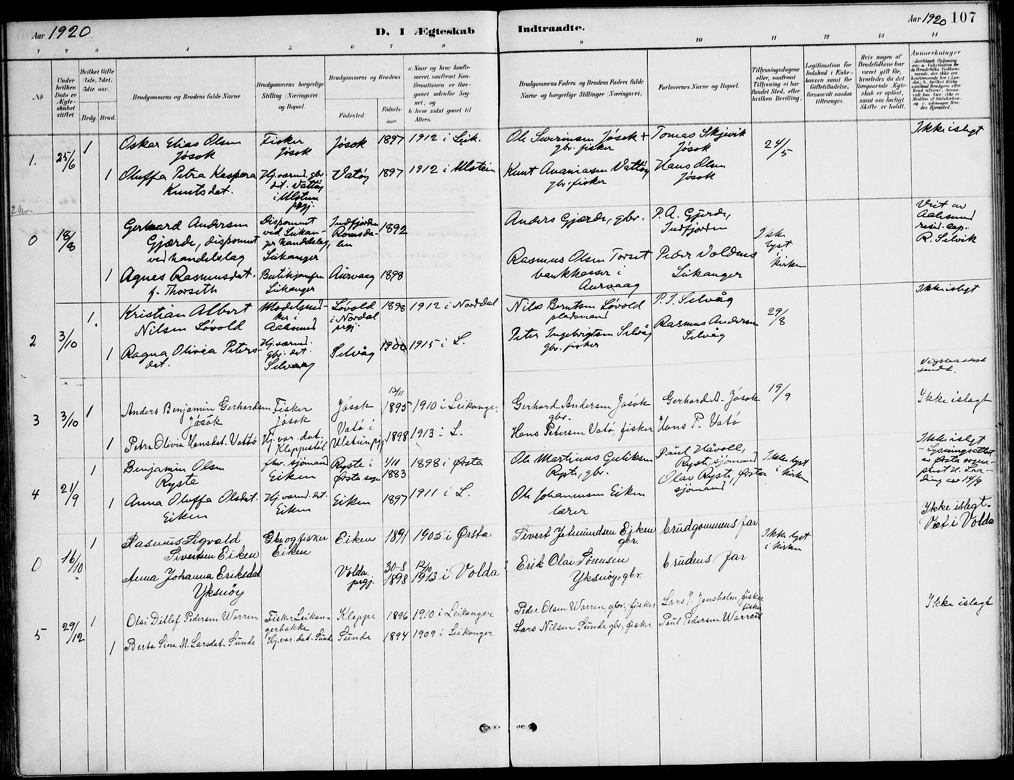 Ministerialprotokoller, klokkerbøker og fødselsregistre - Møre og Romsdal, AV/SAT-A-1454/508/L0095: Parish register (official) no. 508A02, 1887-1920, p. 107