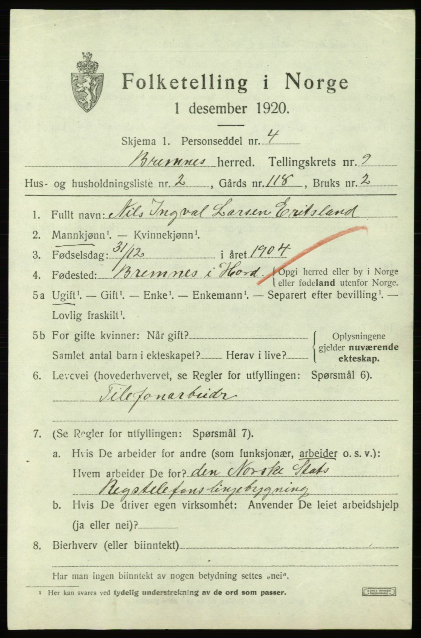 SAB, 1920 census for Bremnes, 1920, p. 6130