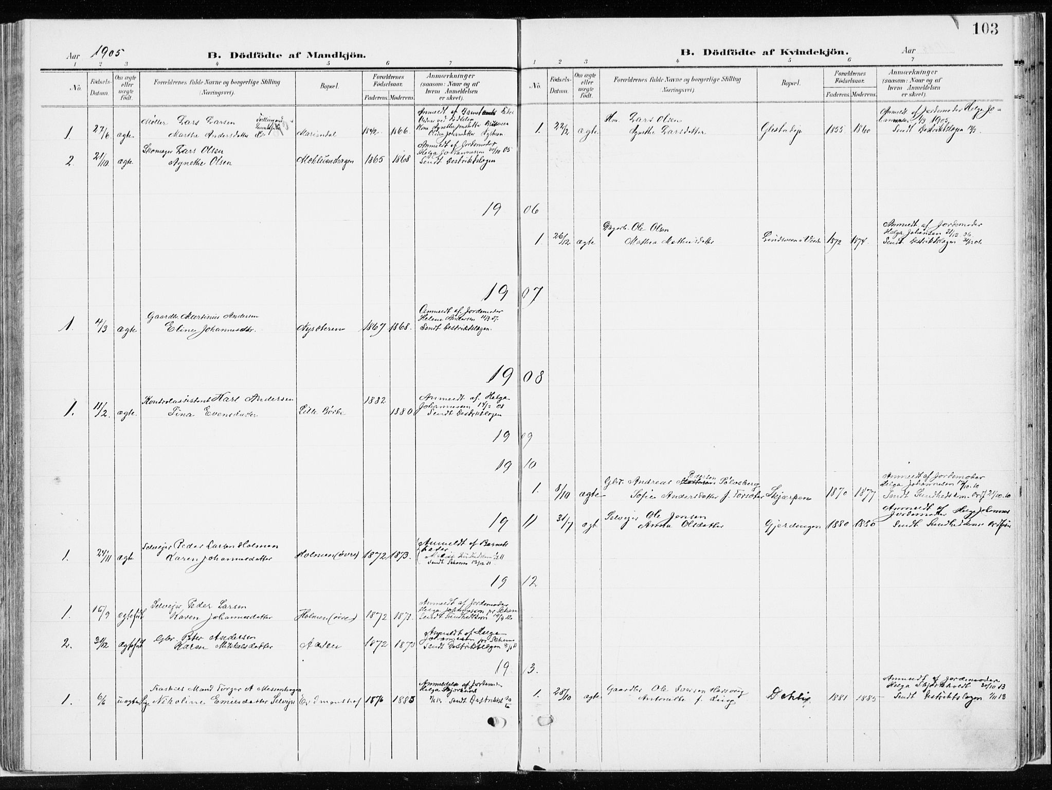 Ringsaker prestekontor, AV/SAH-PREST-014/K/Ka/L0019: Parish register (official) no. 19, 1905-1920, p. 103