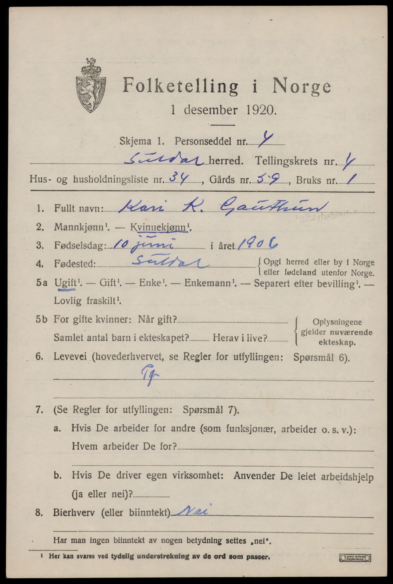 SAST, 1920 census for Suldal, 1920, p. 1334