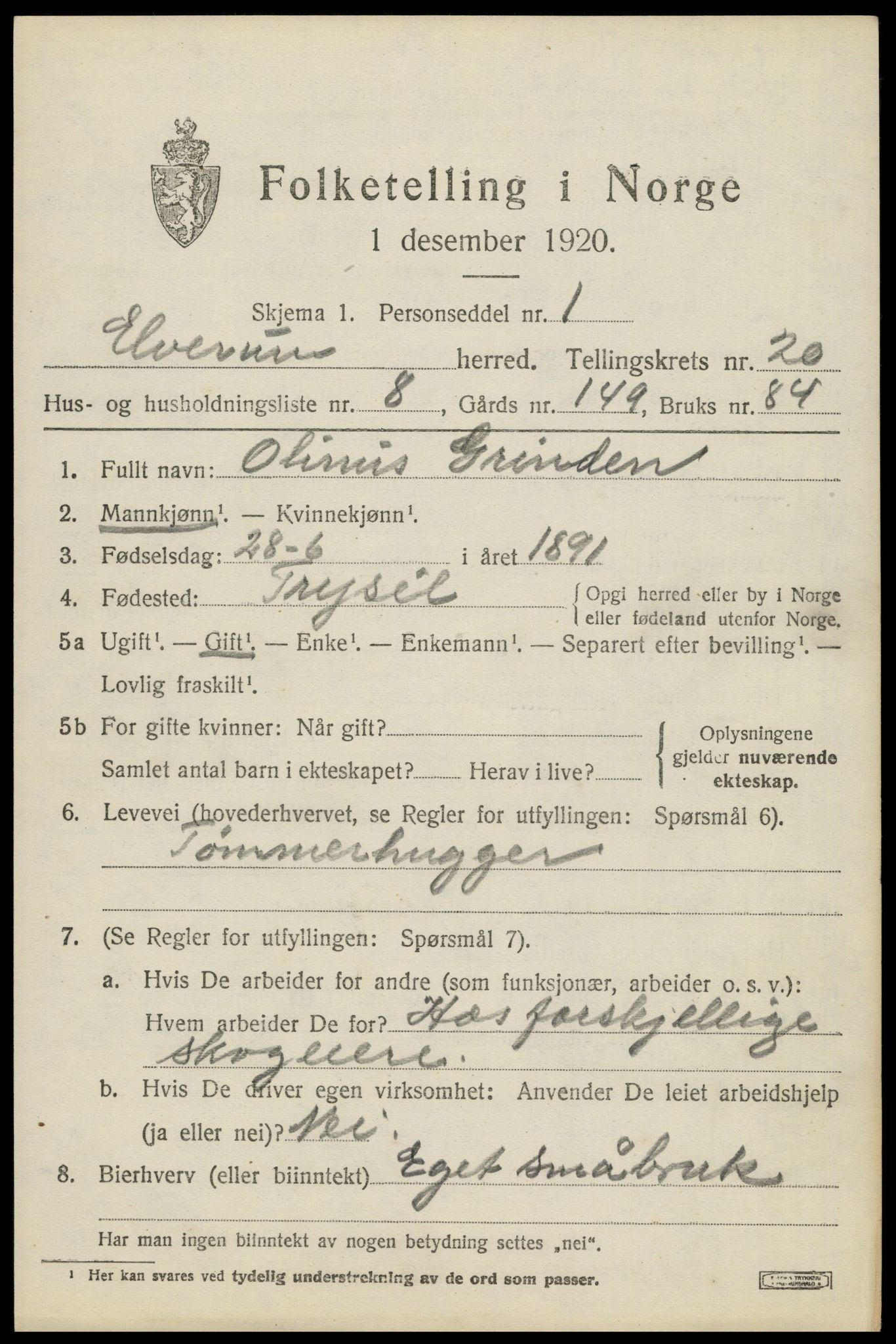 SAH, 1920 census for Elverum, 1920, p. 23376