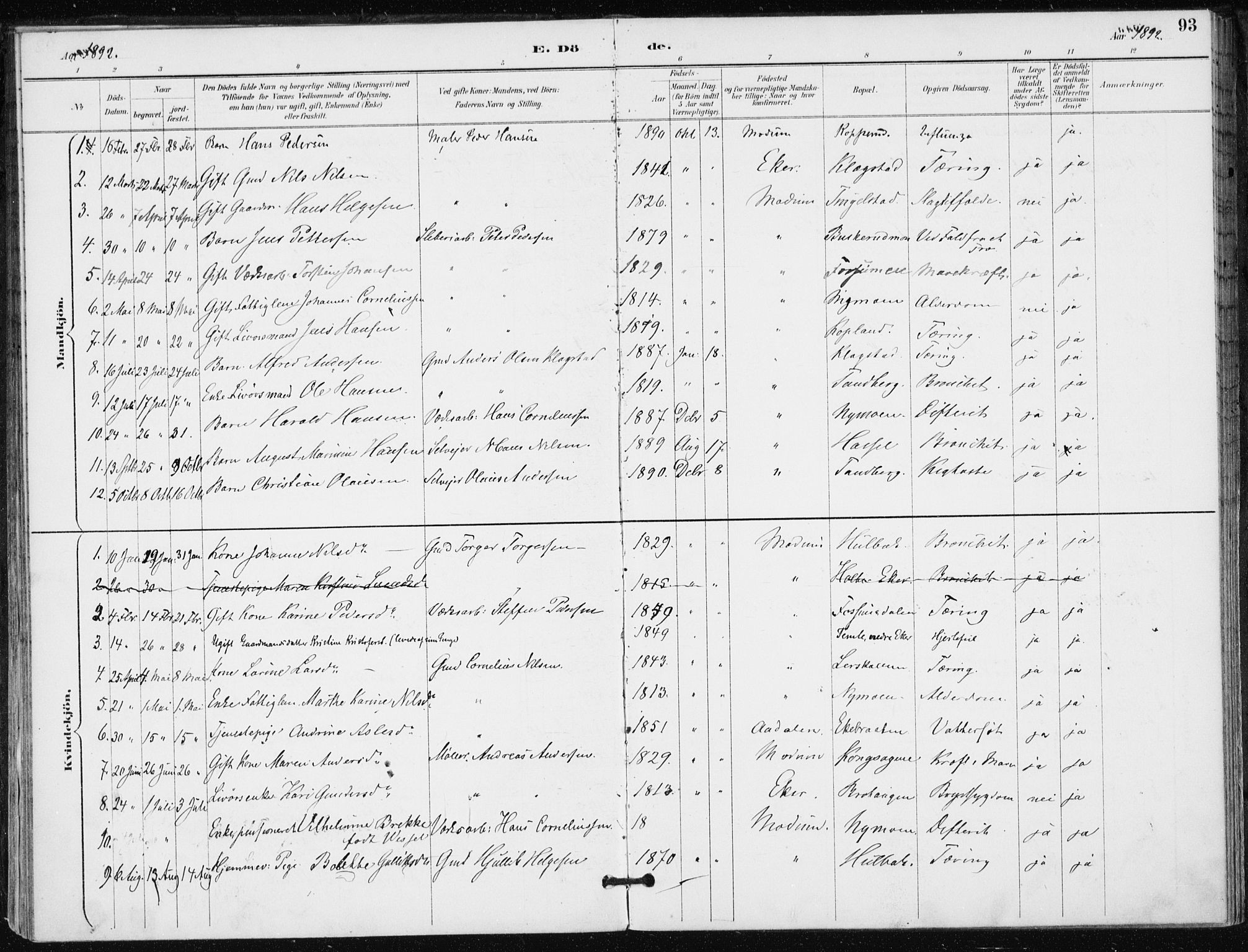 Modum kirkebøker, AV/SAKO-A-234/F/Fa/L0016: Parish register (official) no. 16, 1890-1899, p. 93