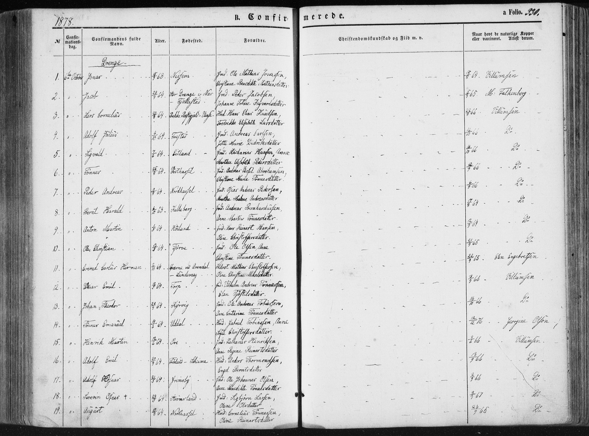 Lista sokneprestkontor, AV/SAK-1111-0027/F/Fa/L0011: Parish register (official) no. A 11, 1861-1878, p. 330