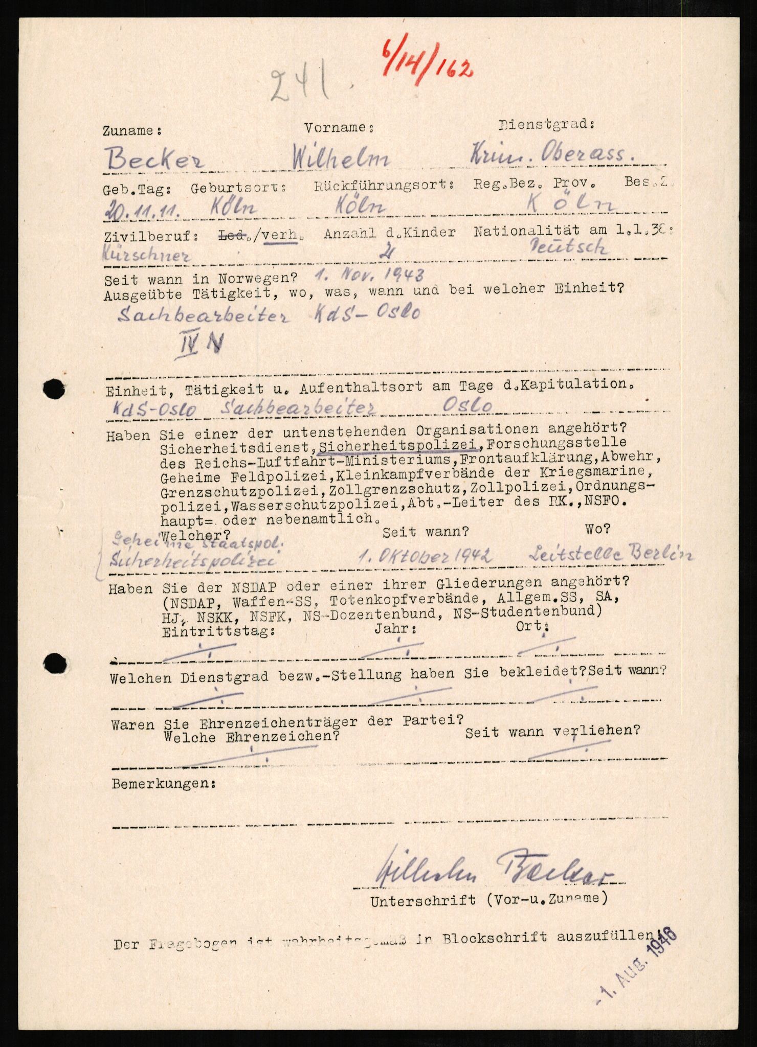 Forsvaret, Forsvarets overkommando II, RA/RAFA-3915/D/Db/L0002: CI Questionaires. Tyske okkupasjonsstyrker i Norge. Tyskere., 1945-1946, p. 352